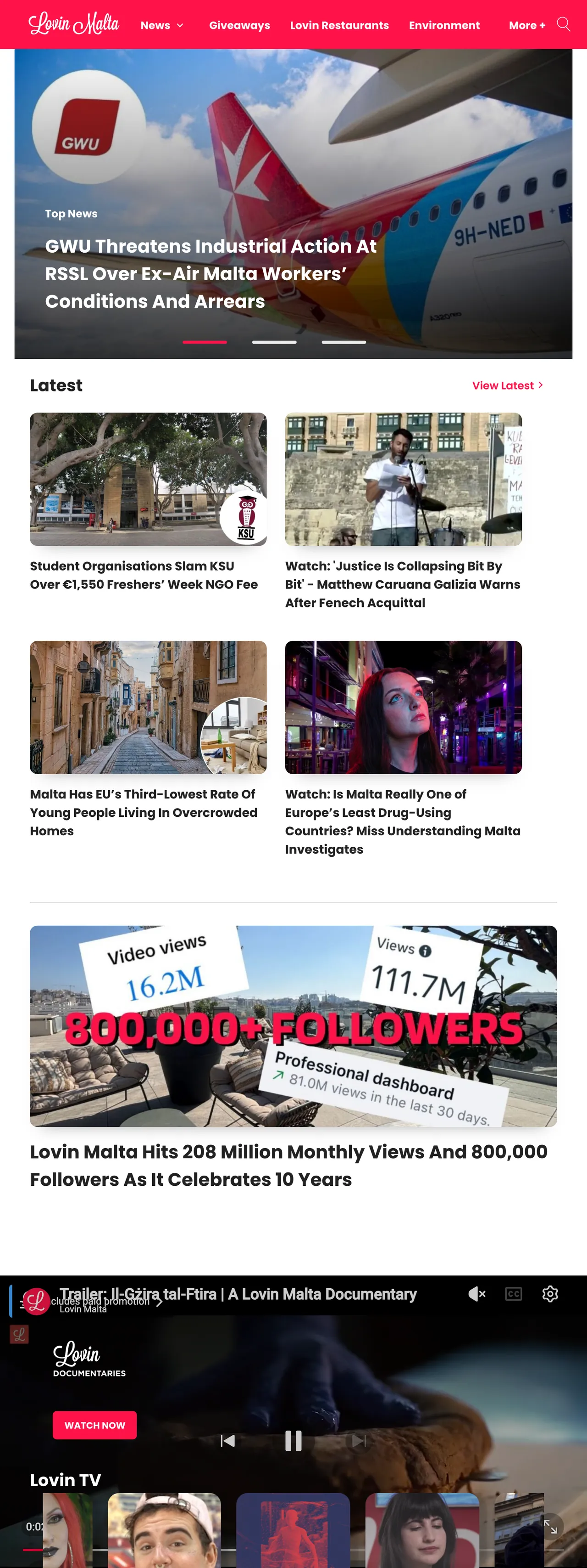 Screenshot of the Lovin Malta front page