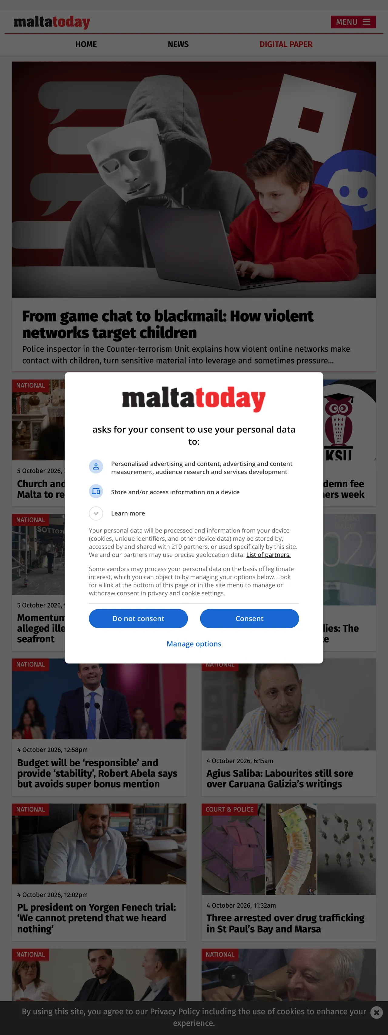 Screenshot of the Malta Today front page