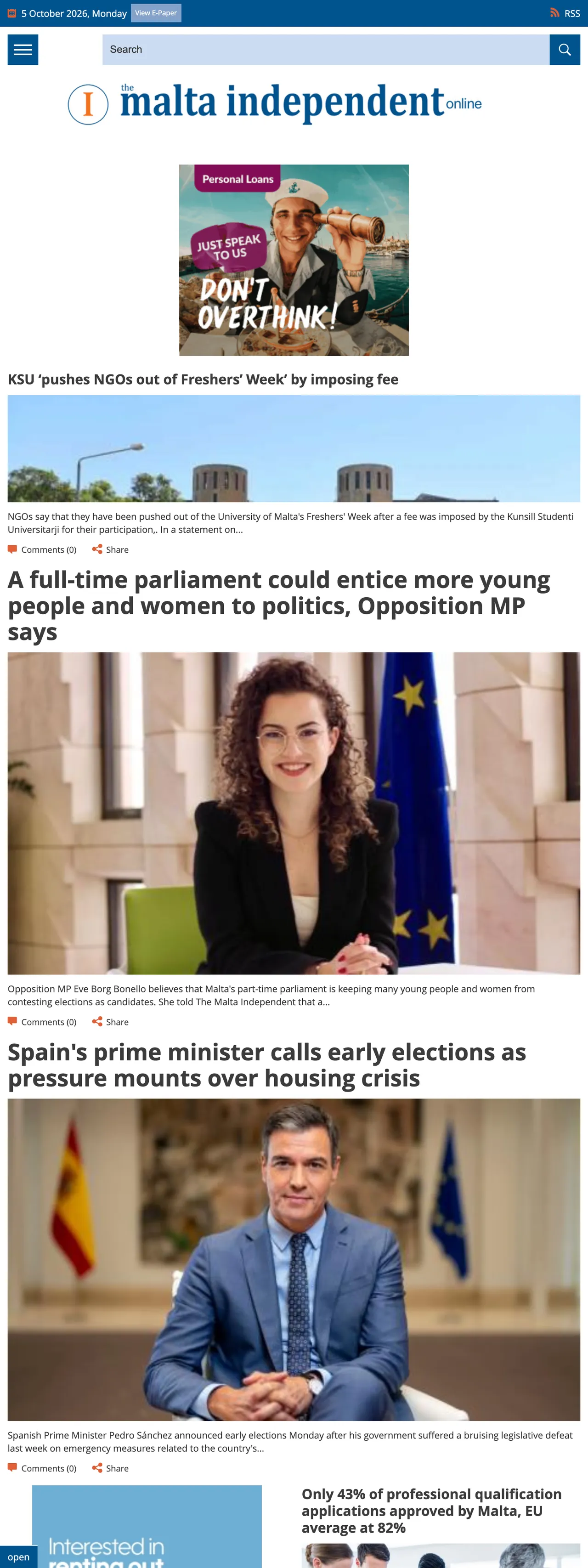 Screenshot of the The Malta Independent front page