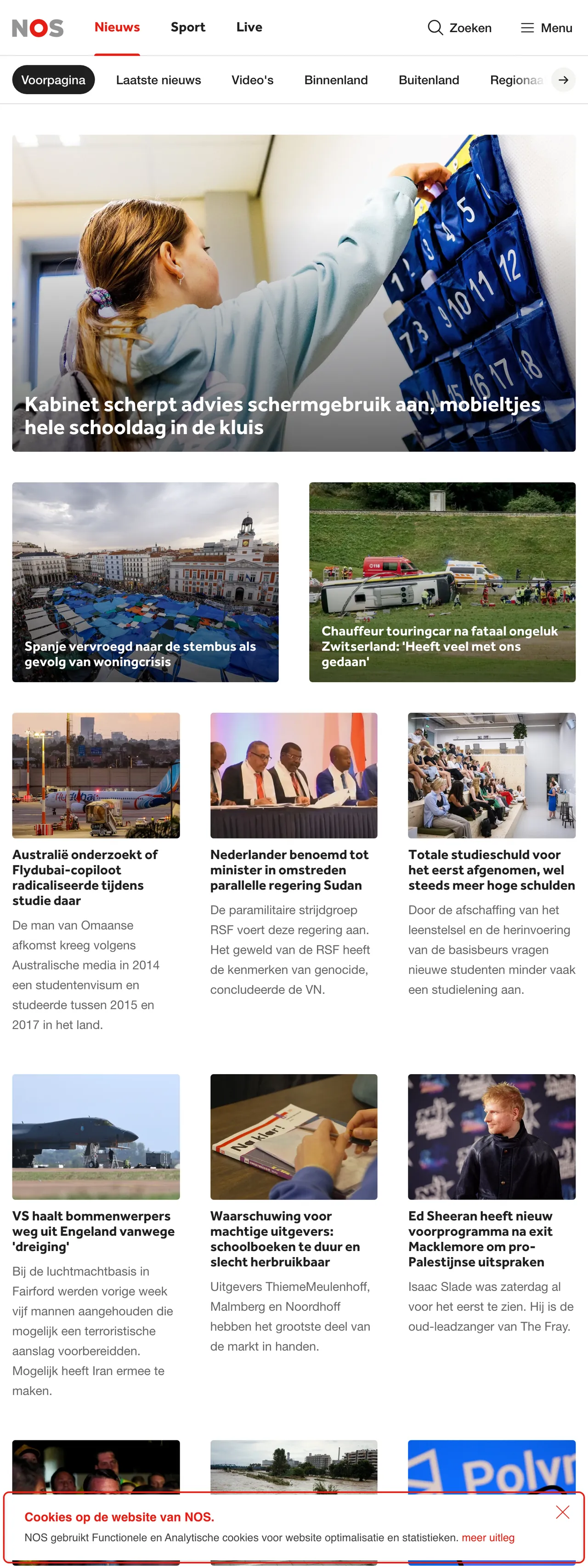 Screenshot of the NOS front page