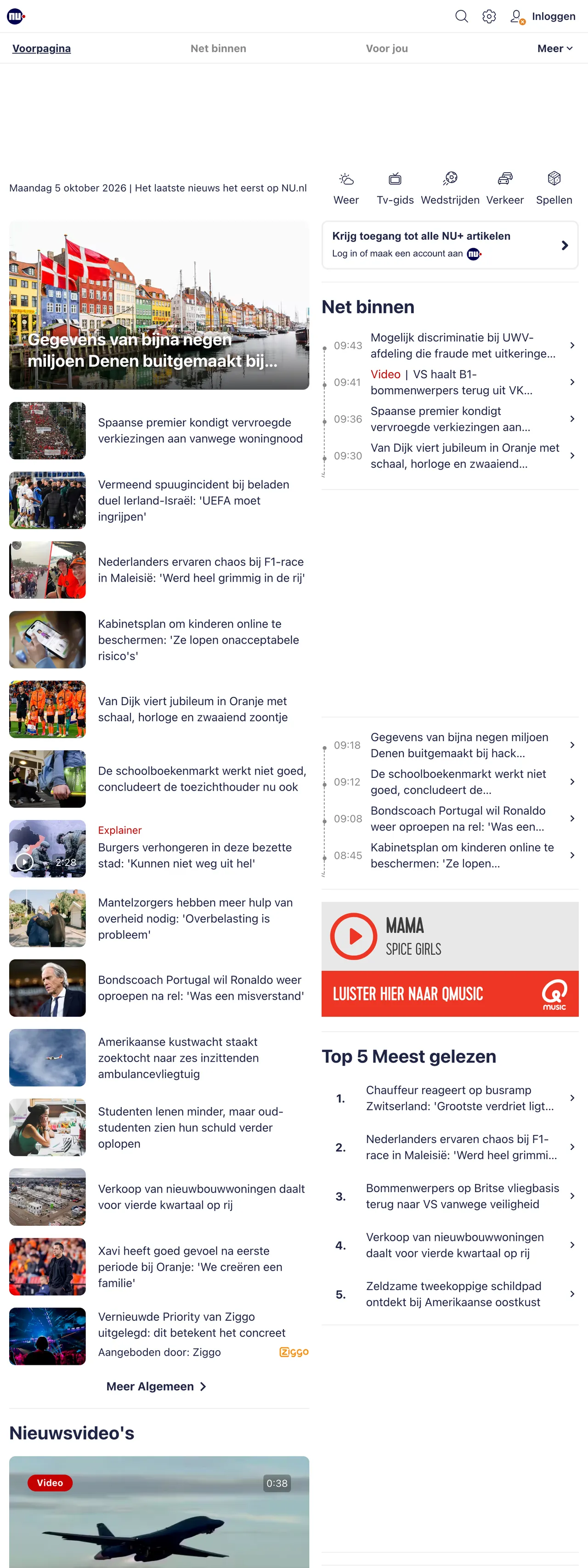 Screenshot of the NU.nl front page