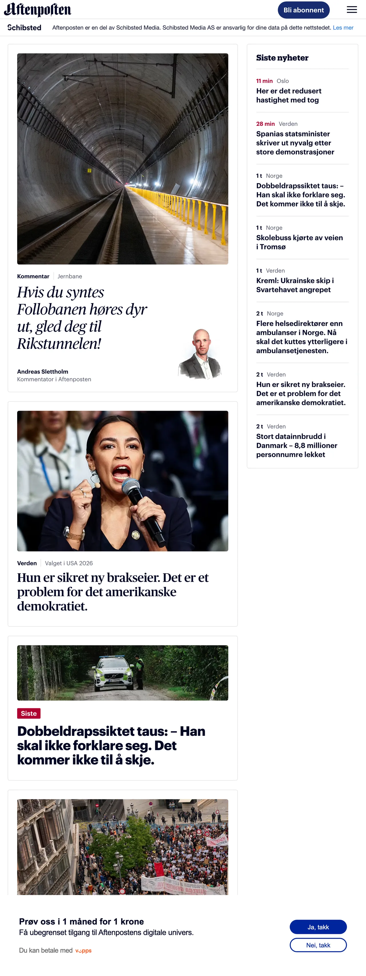 Screenshot of the Aftenposten front page