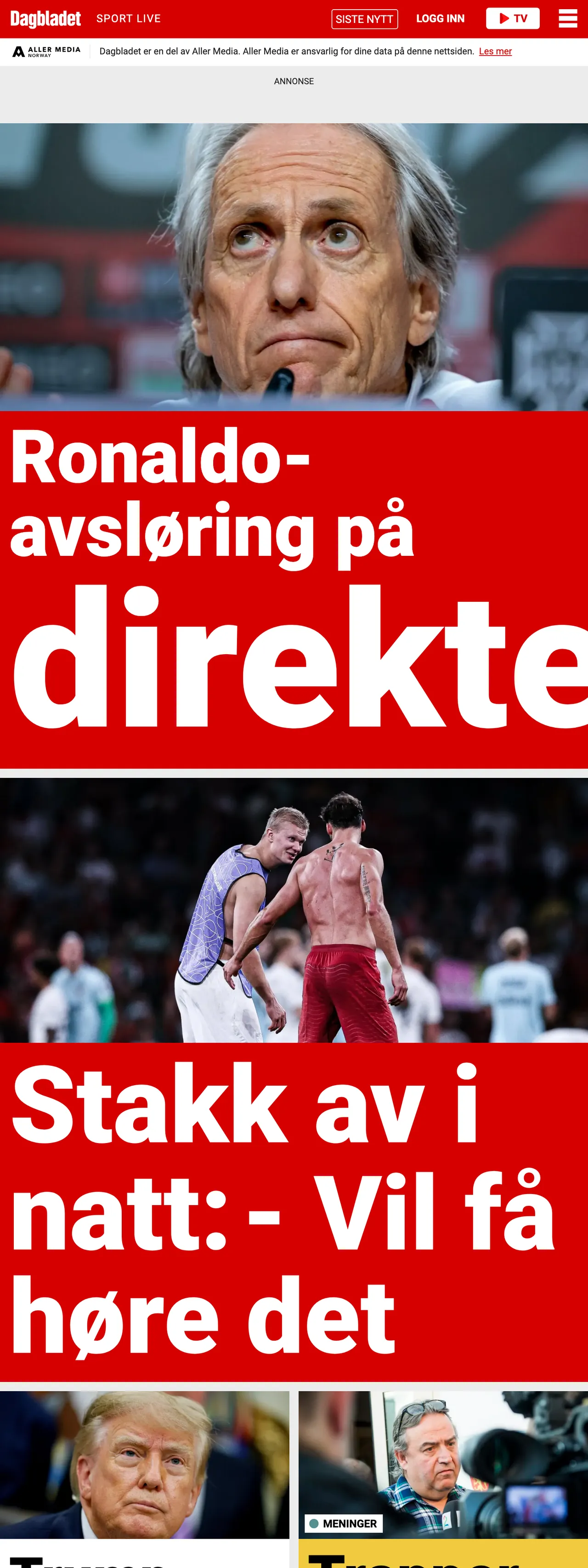 Screenshot of the Dagbladet front page