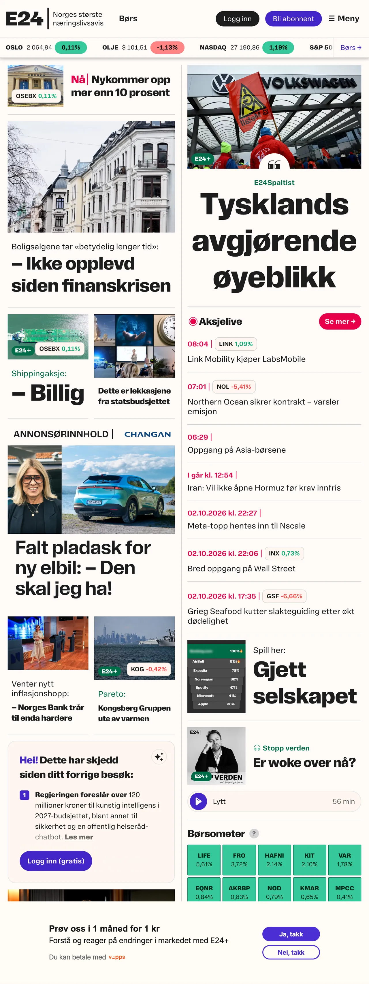 Screenshot of the E24 front page