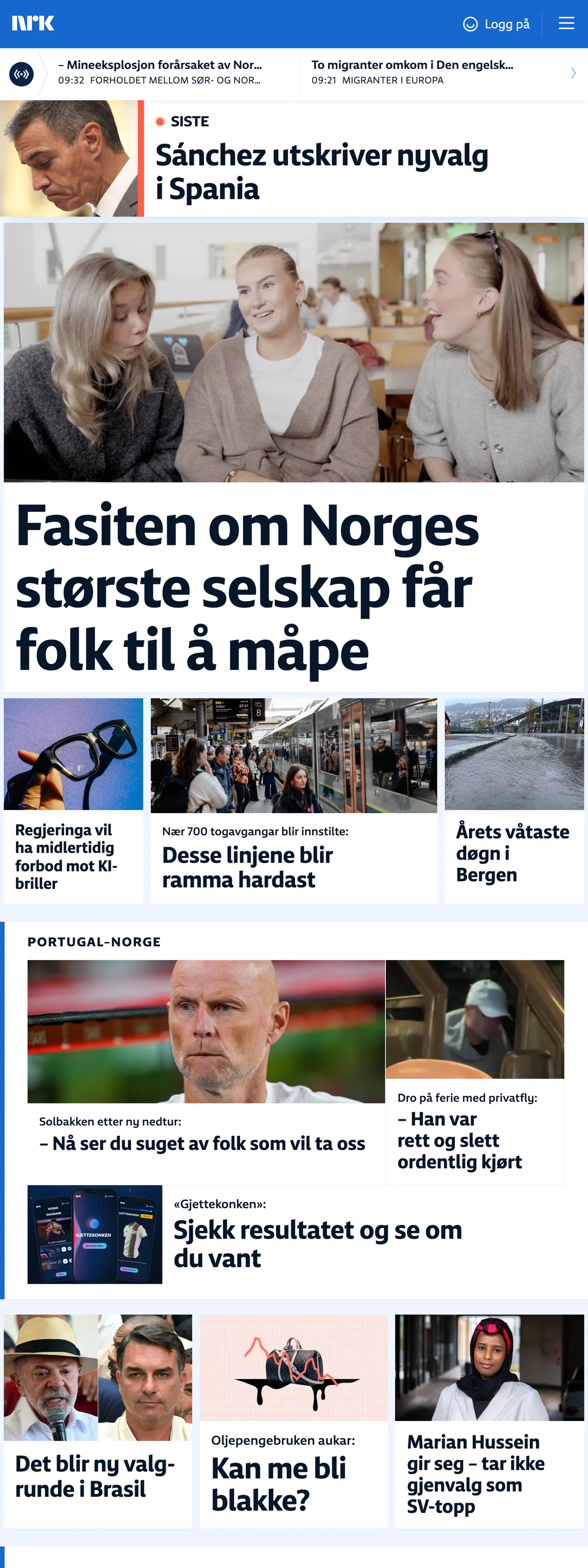 Screenshot of the NRK front page