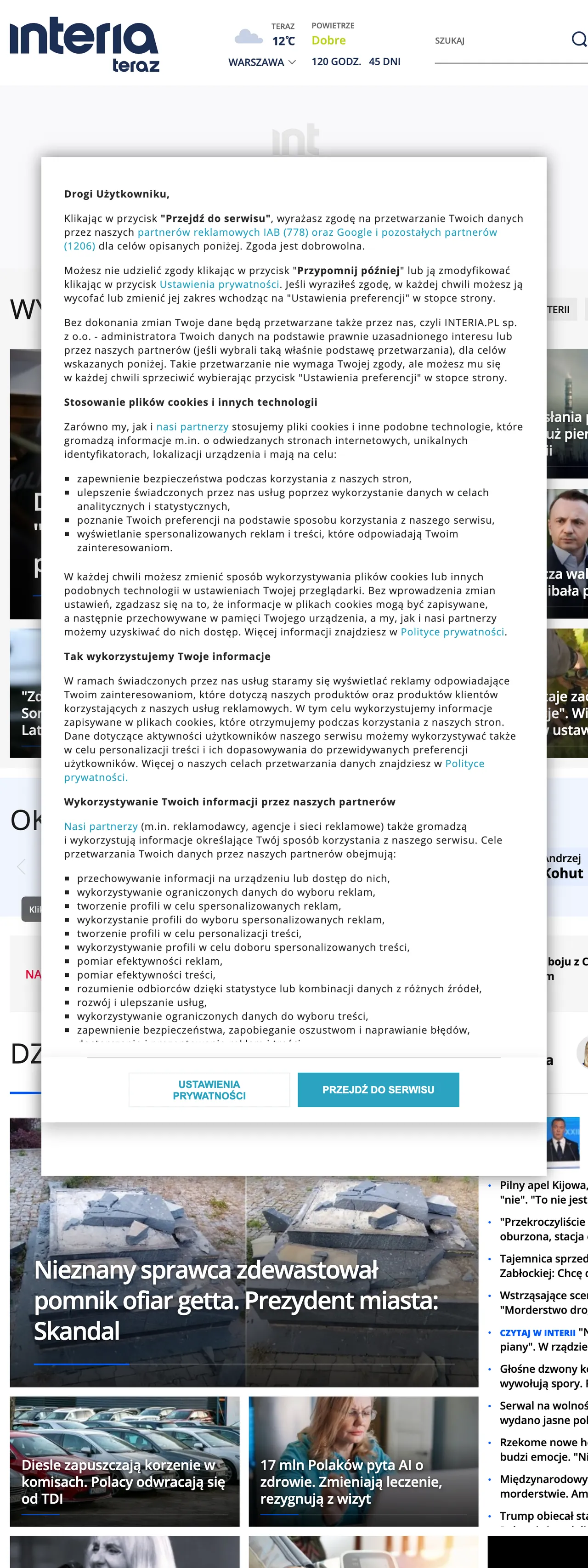Screenshot of the Interia front page