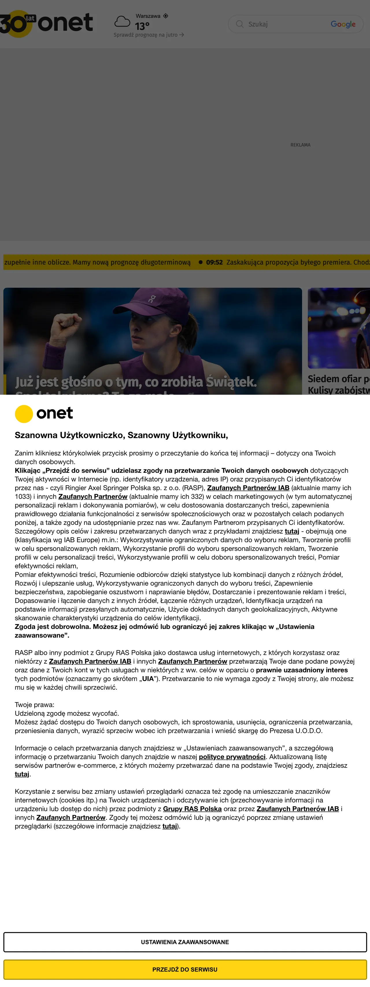 Screenshot of the Onet front page