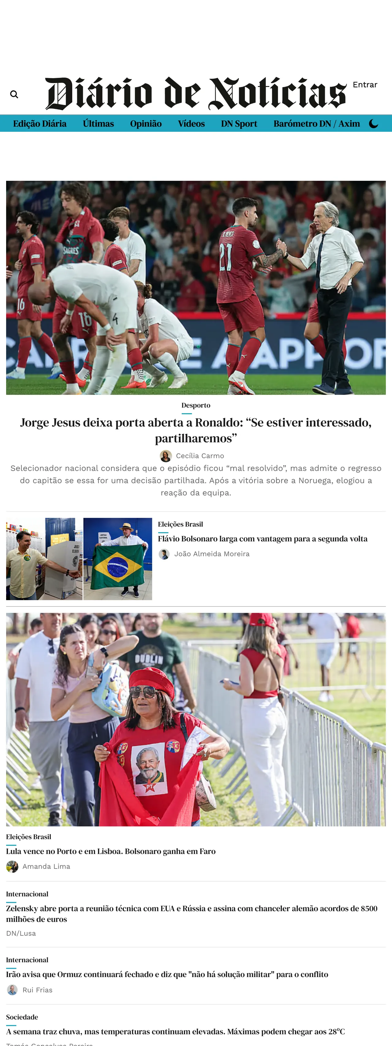 Screenshot of the Diário de Notícias front page