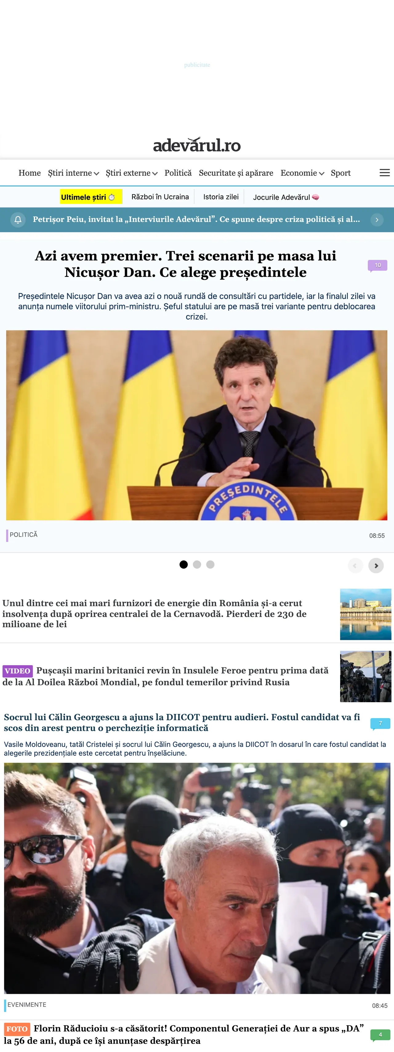 Screenshot of the Adevărul front page