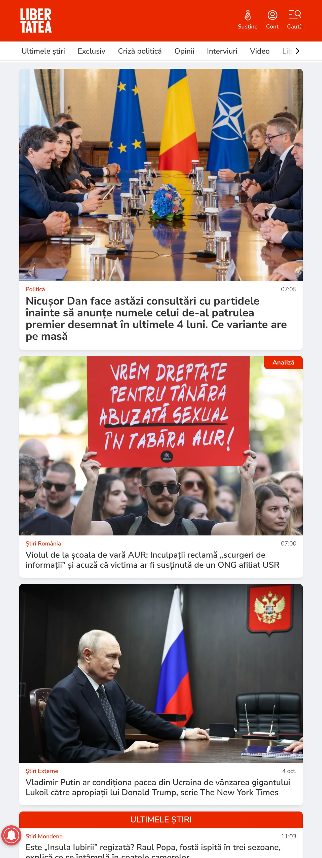 Screenshot of the Libertatea front page