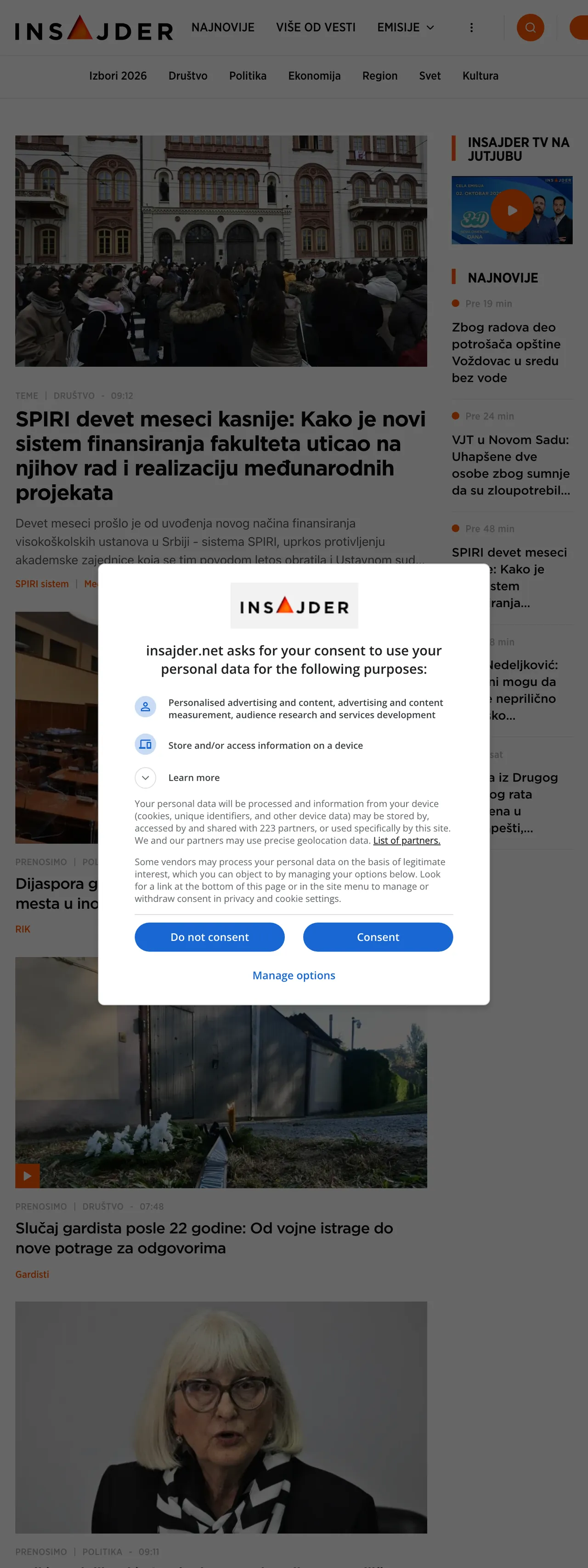 Screenshot of the Insajder front page