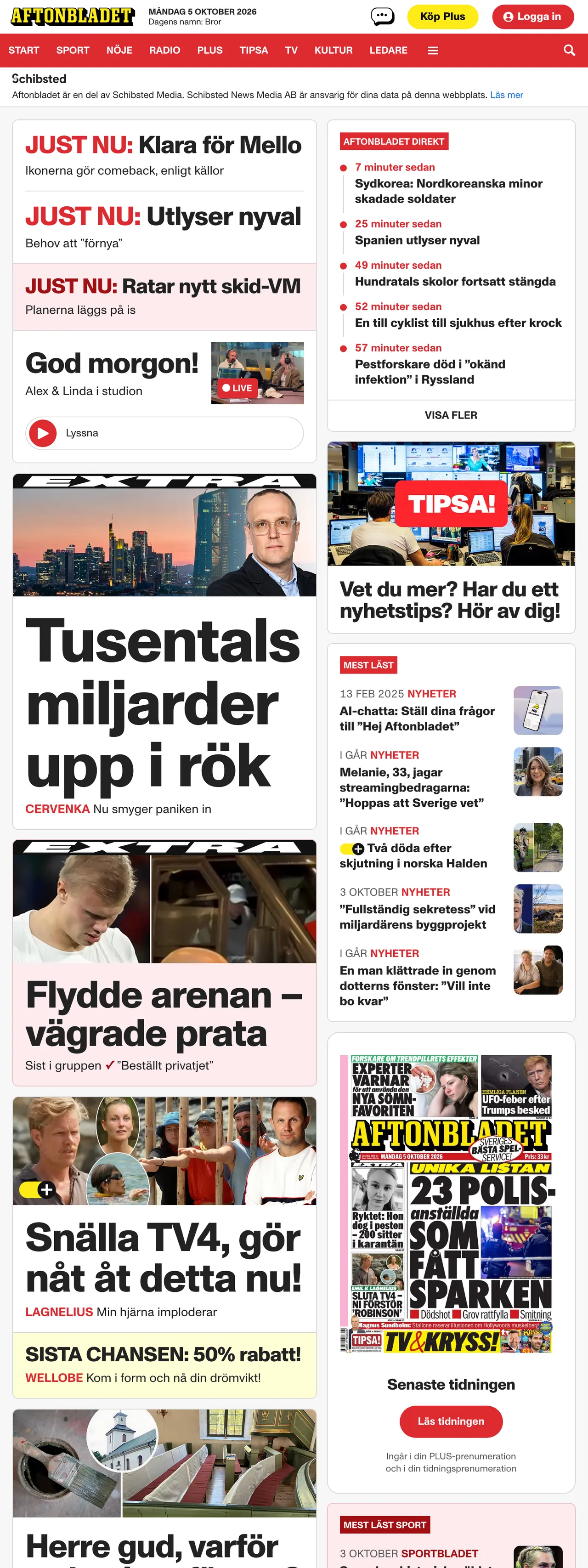 Screenshot of the Aftonbladet front page