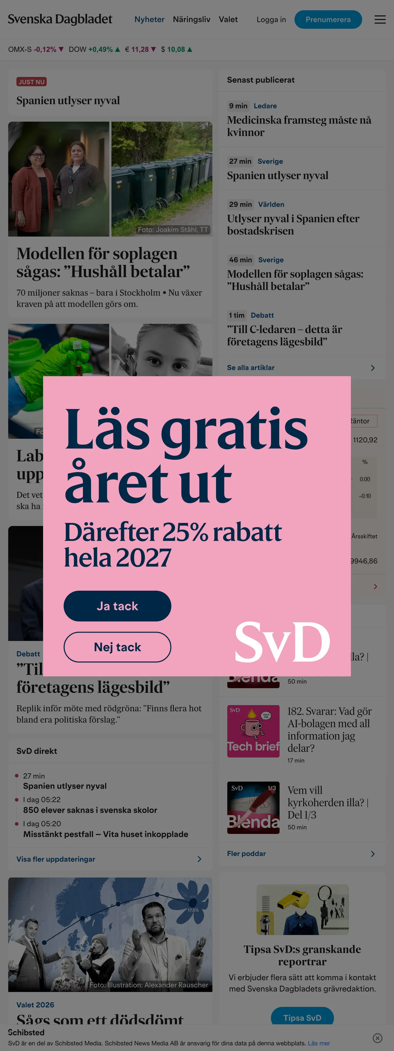 Screenshot of the Svenska Dagbladet front page
