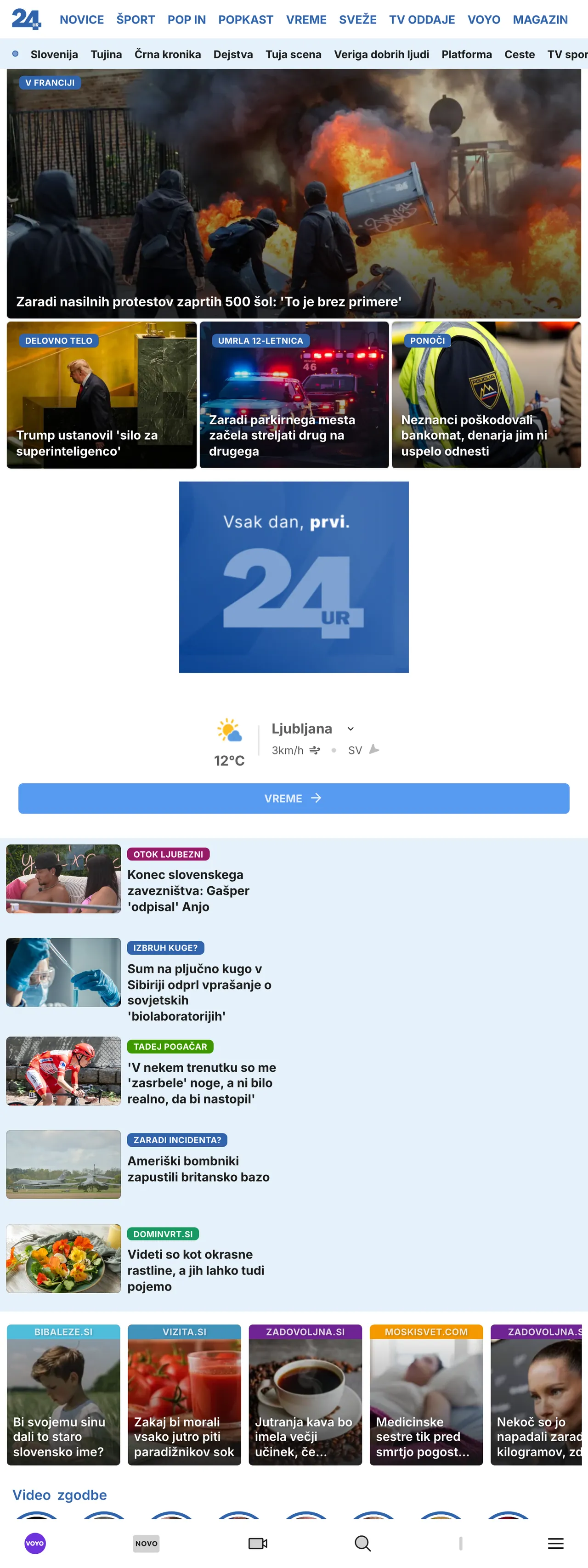 Screenshot of the 24ur front page