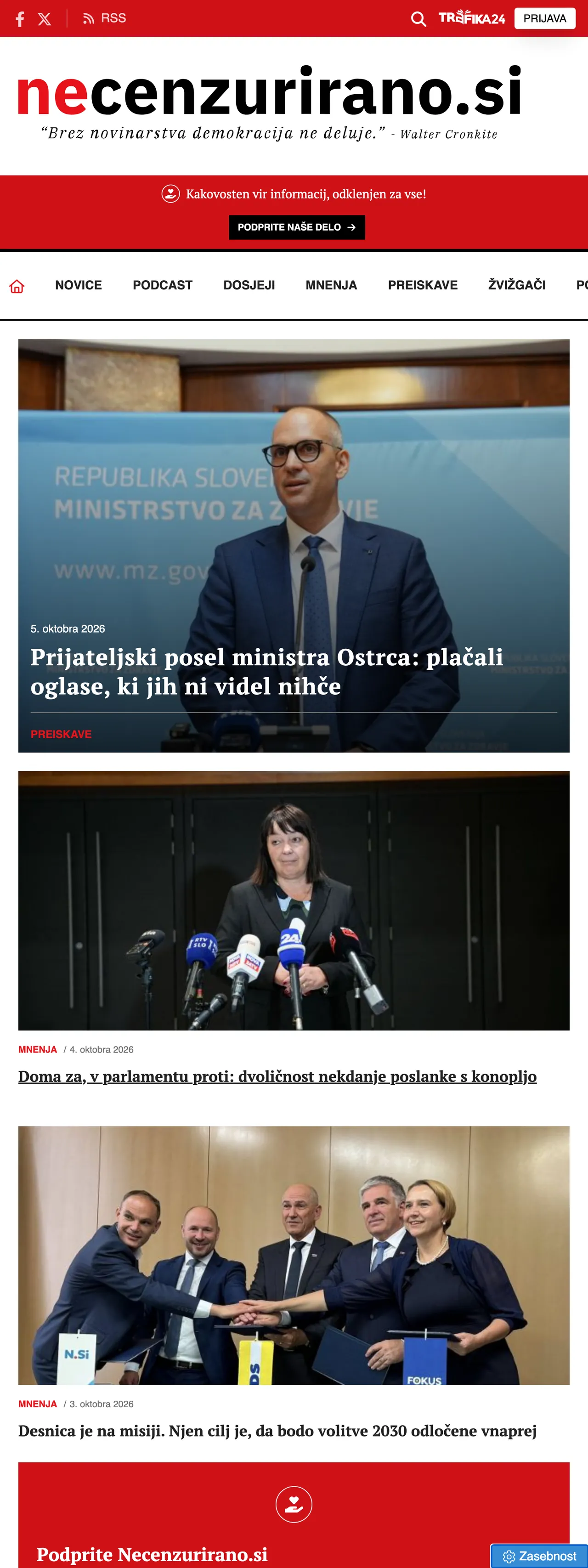 Screenshot of the Necenzurirano front page