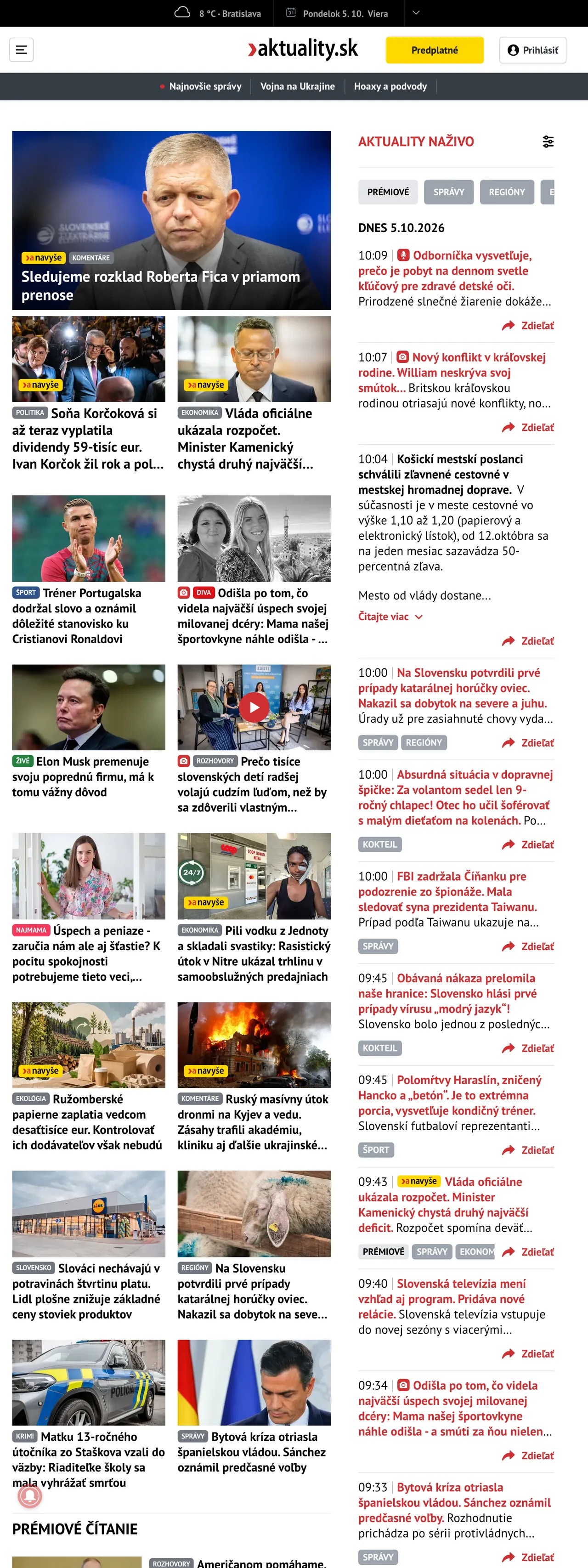 Screenshot of the Aktuality.sk front page
