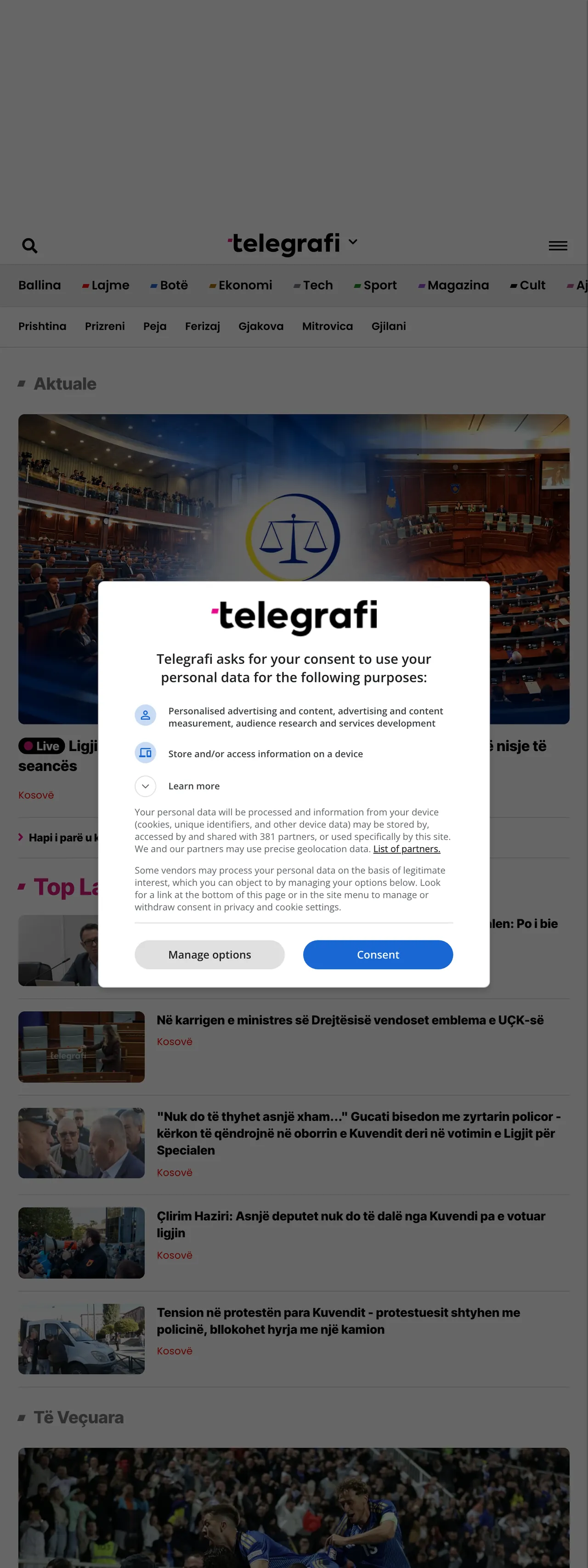 Screenshot of the Telegrafi front page