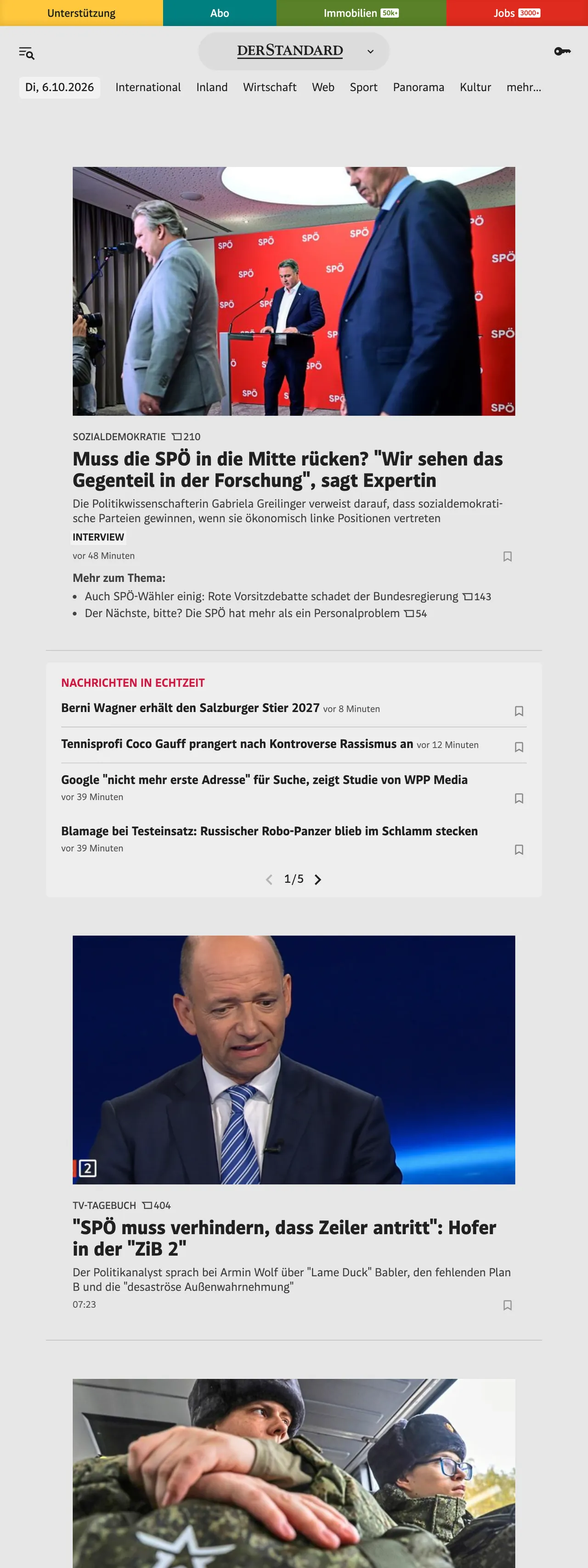 Screenshot of the DER STANDARD front page