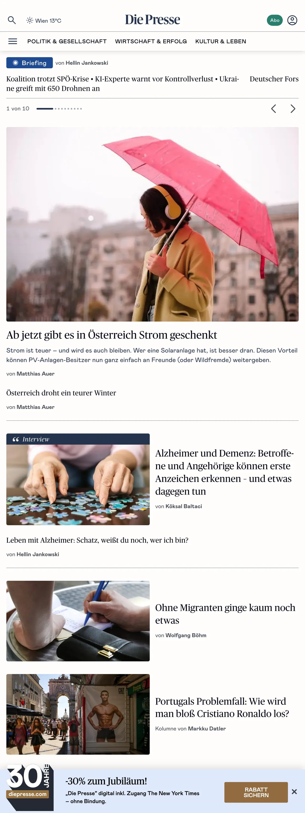 Screenshot of the Die Presse front page