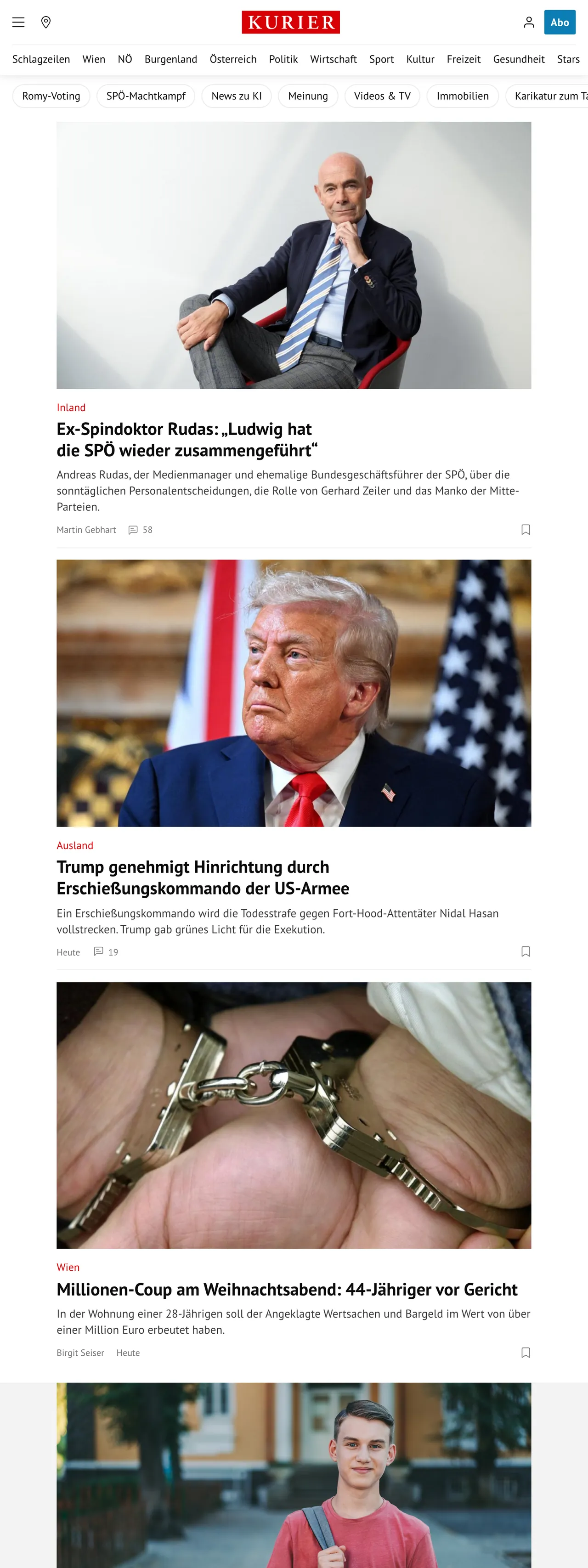 Screenshot of the Kurier front page