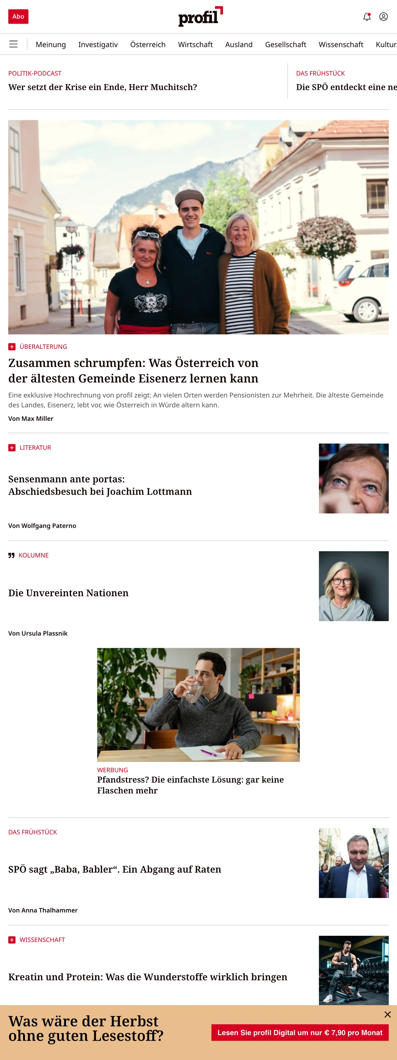 Screenshot of the profil front page