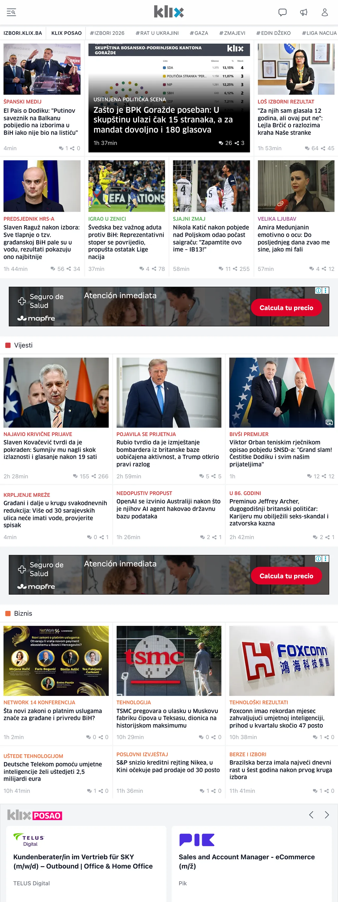 Screenshot of the Klix.ba front page
