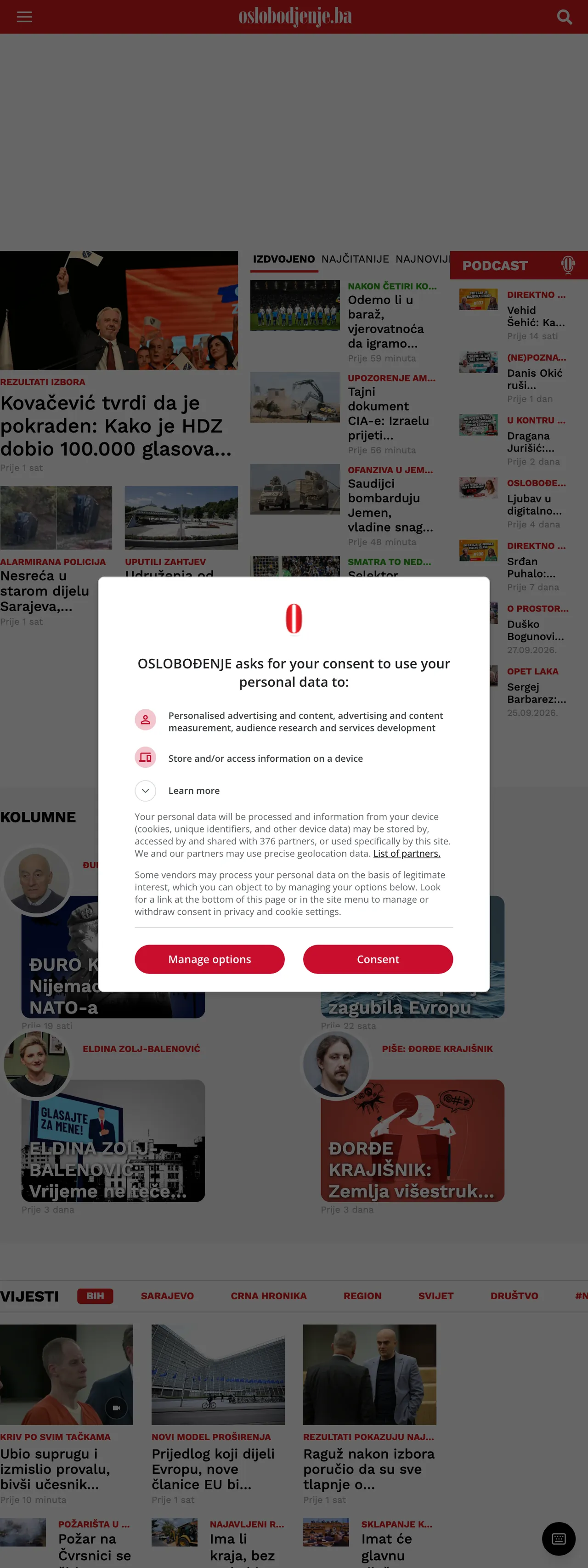 Screenshot of the Oslobođenje front page