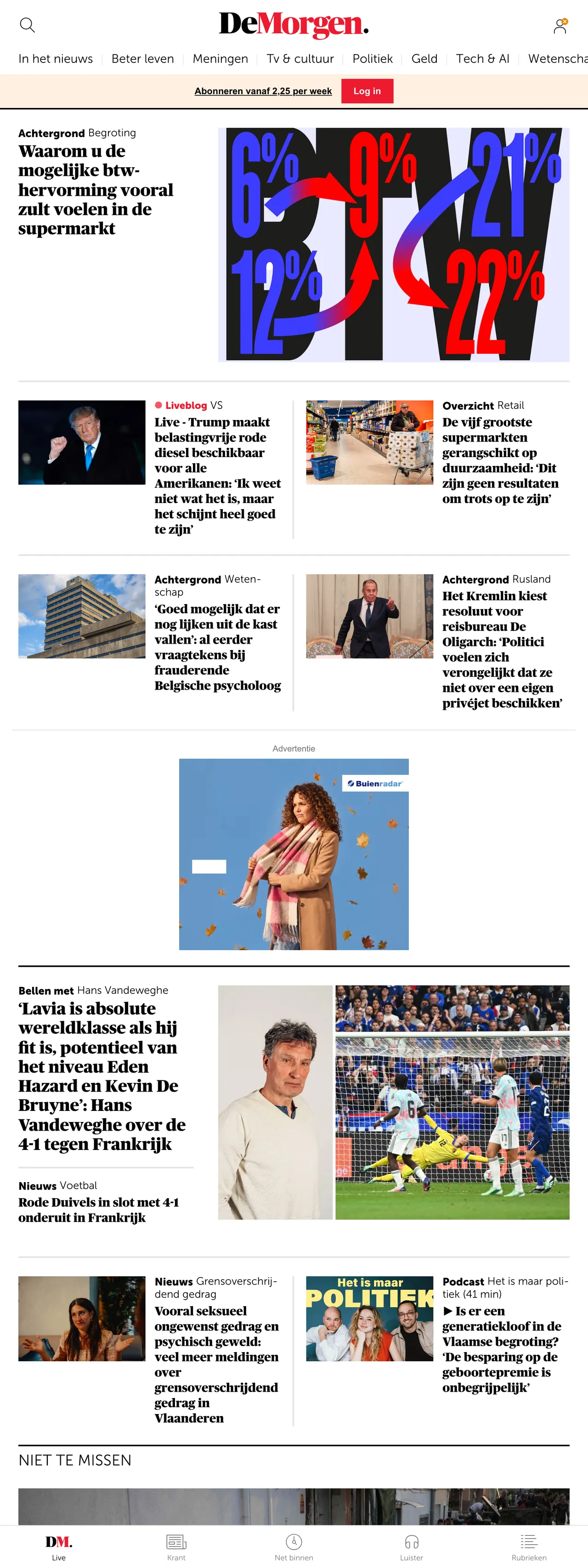 Screenshot of the De Morgen front page
