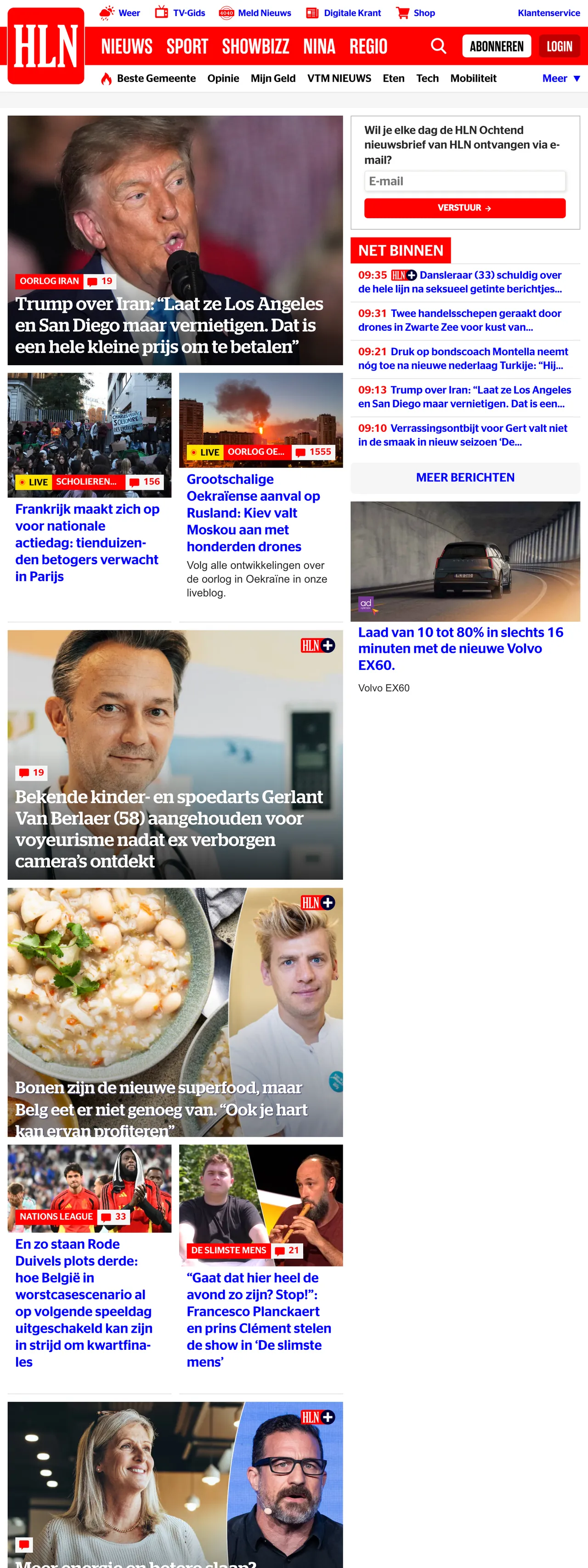 Screenshot of the HLN front page