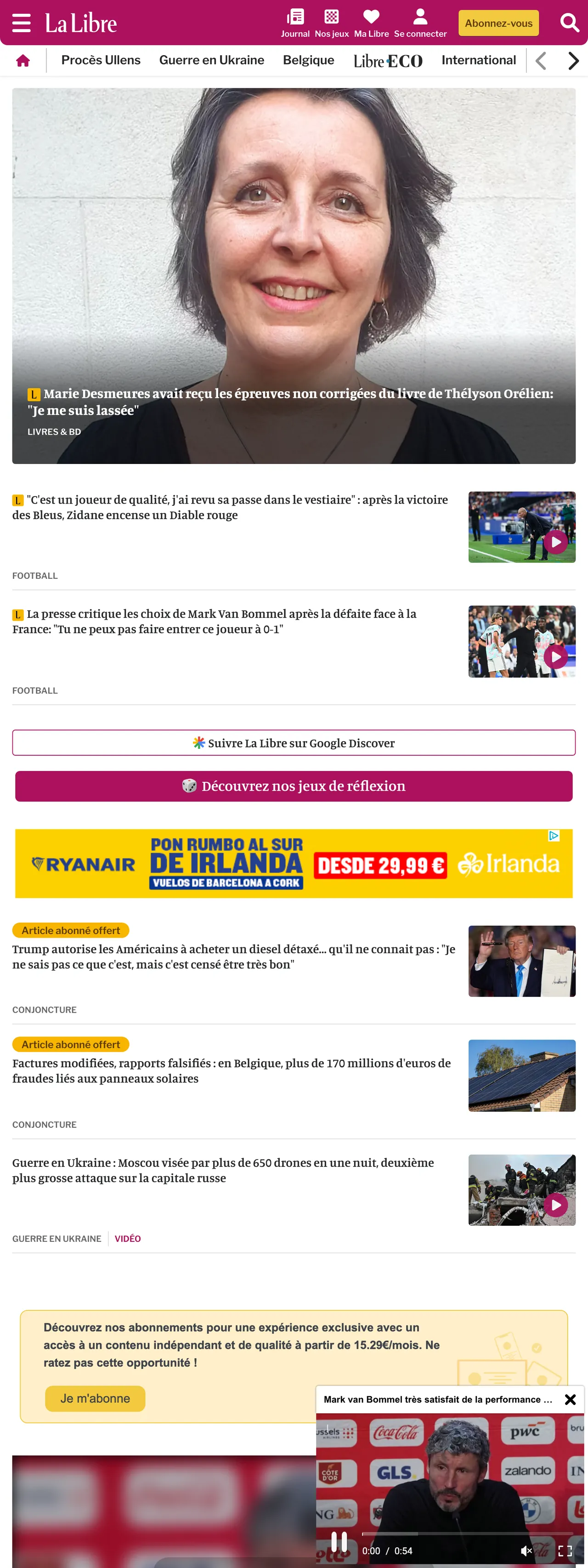 Screenshot of the La Libre front page