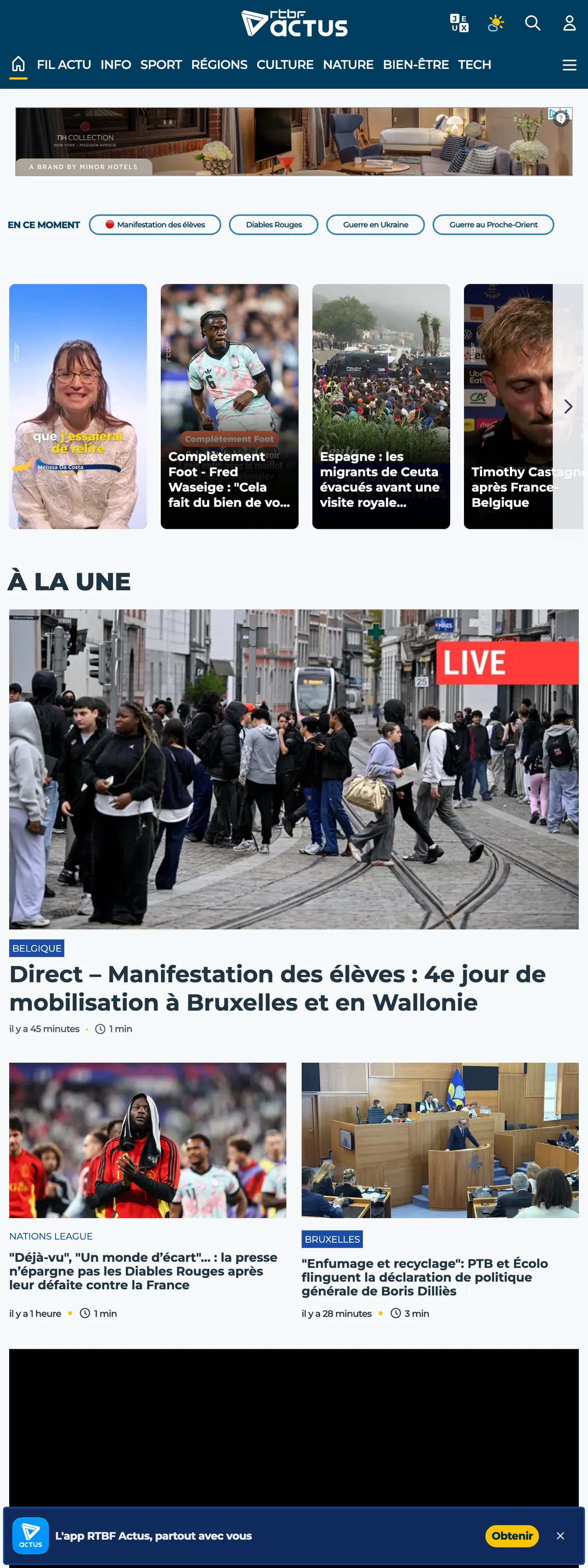 Screenshot of the RTBF front page
