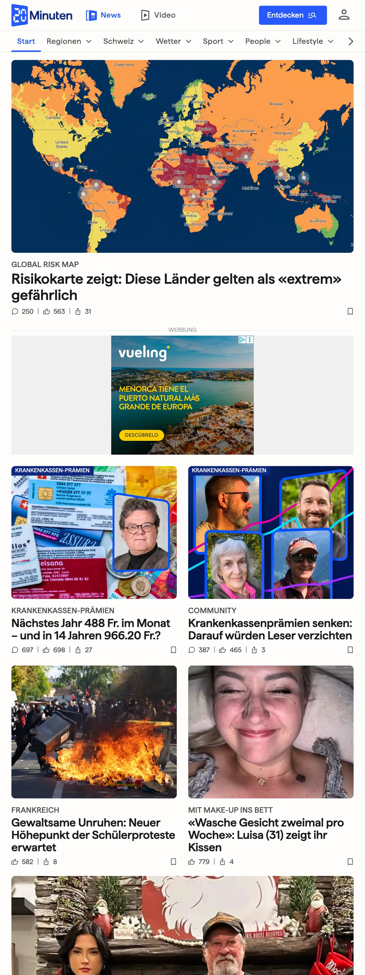 Screenshot of the 20 Minuten front page