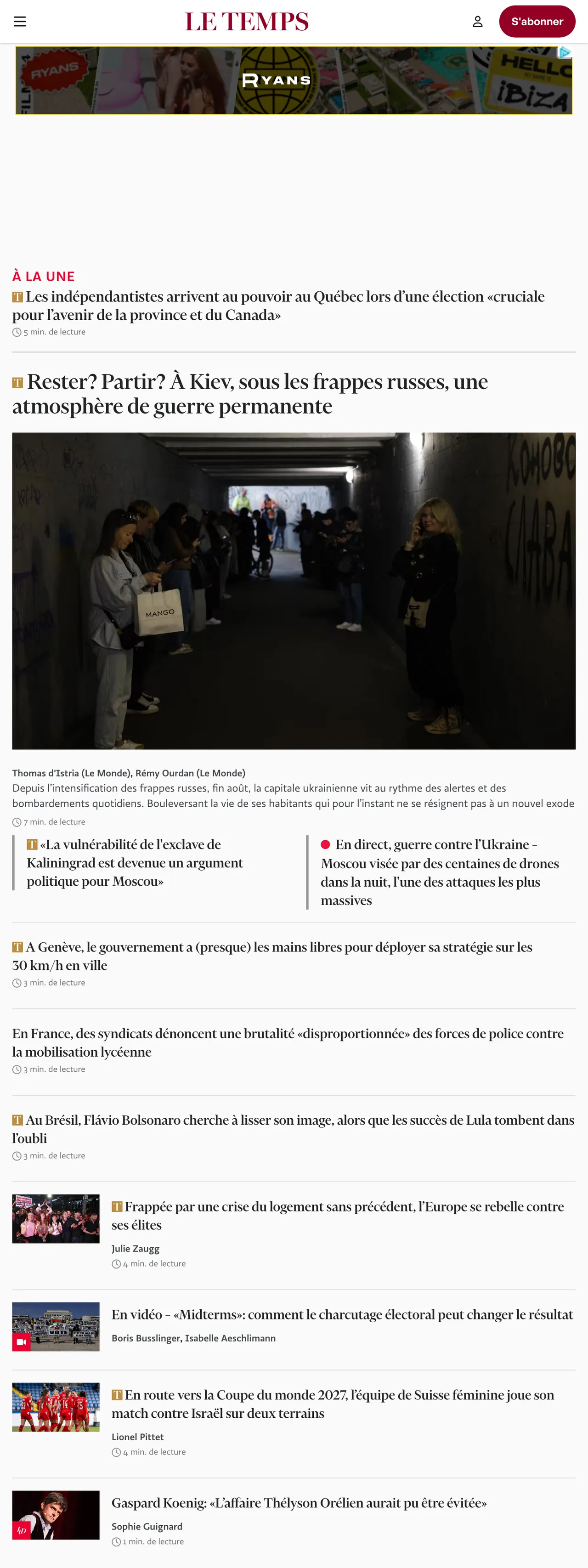 Screenshot of the Le Temps front page