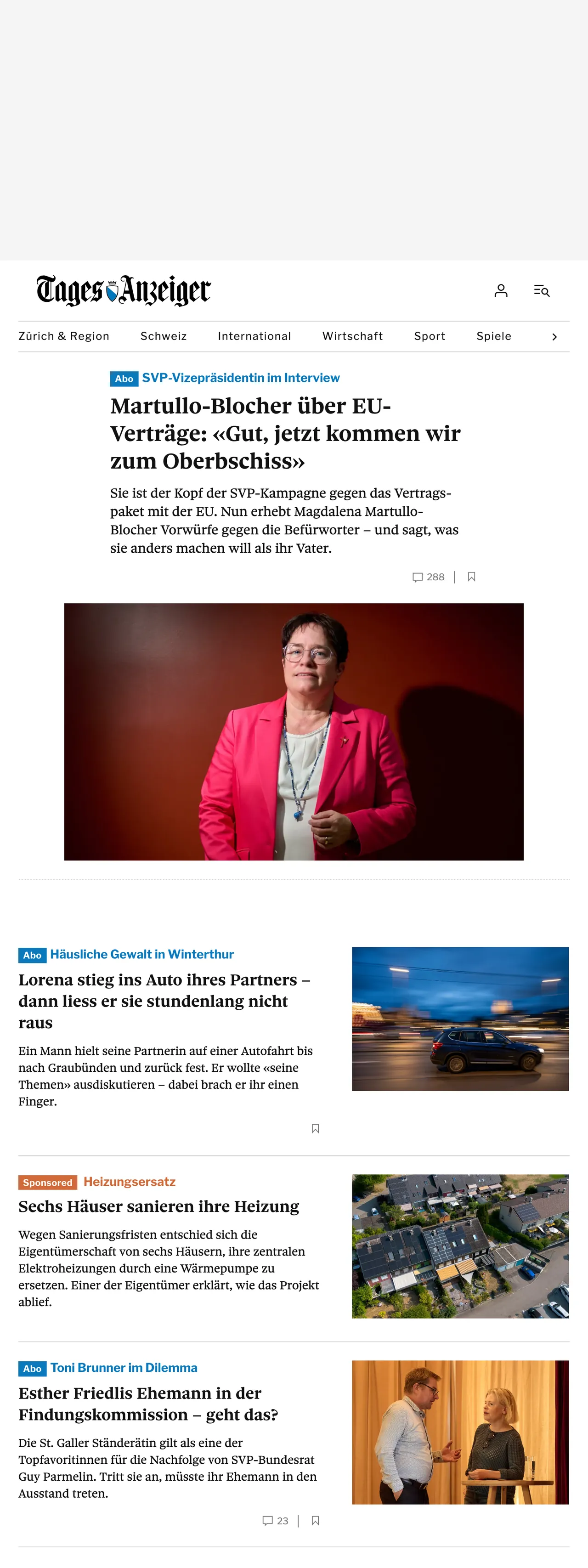 Screenshot of the Tages-Anzeiger front page