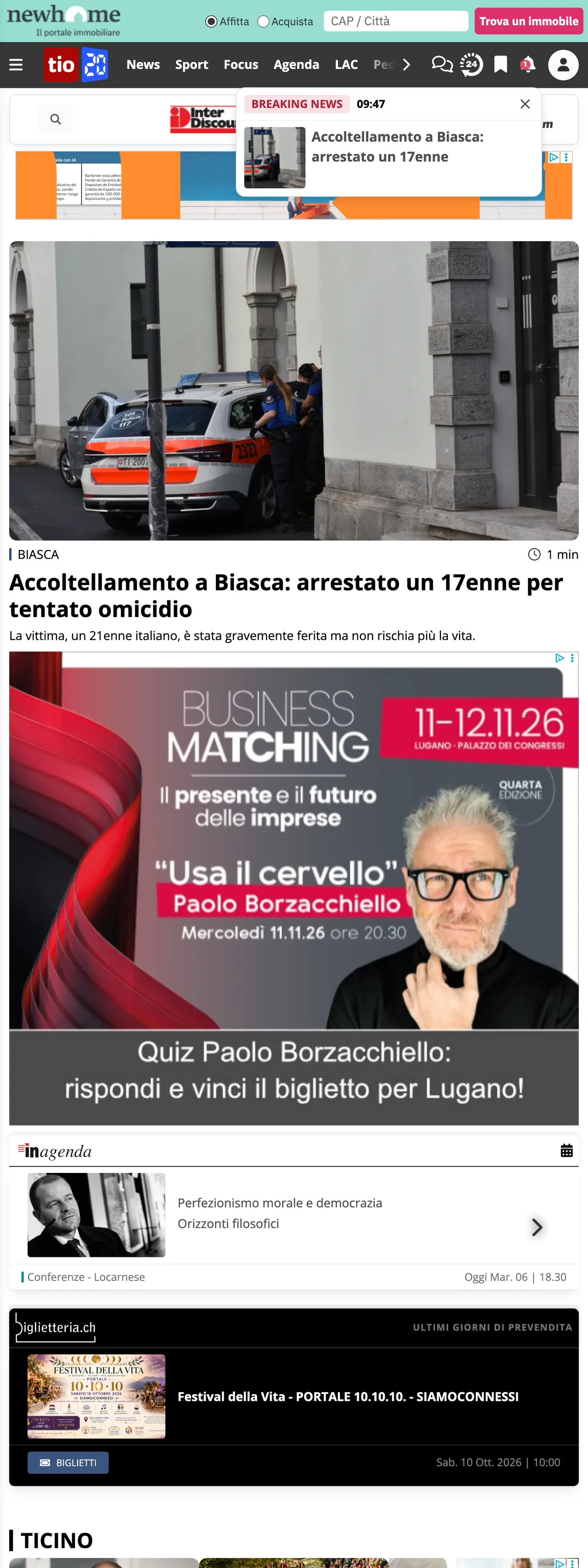 Screenshot of the Ticinonline front page