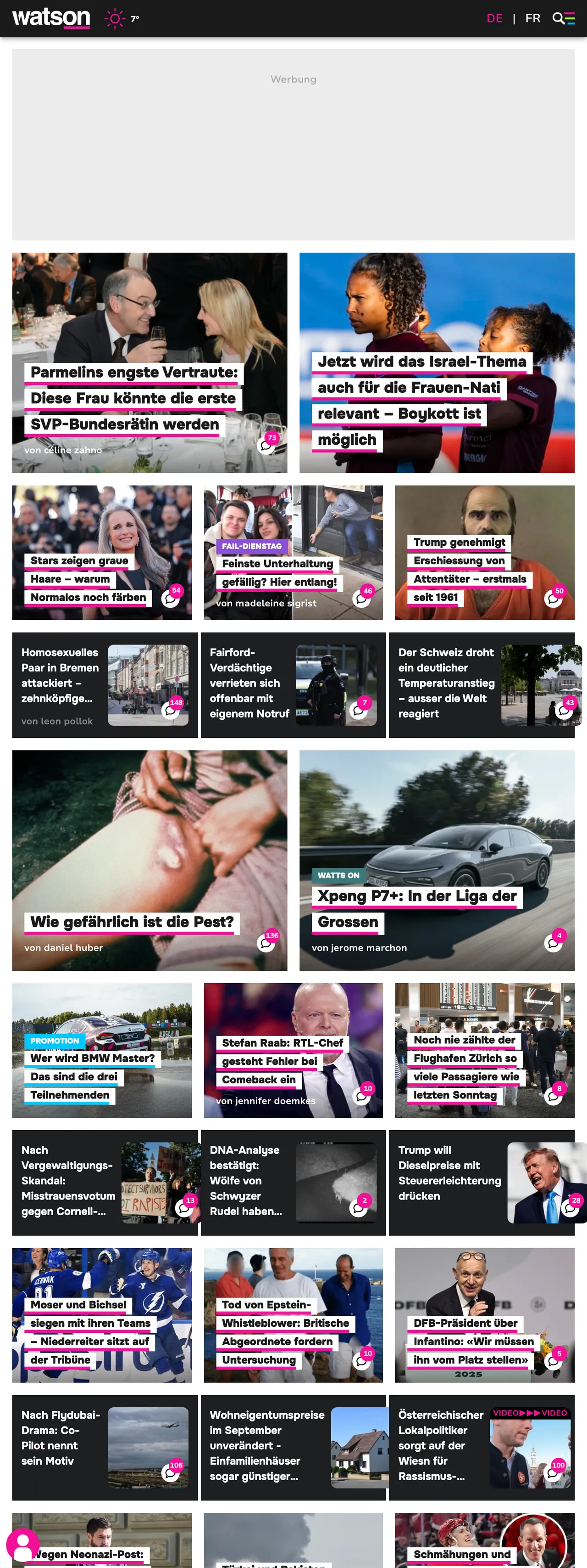 Screenshot of the watson front page