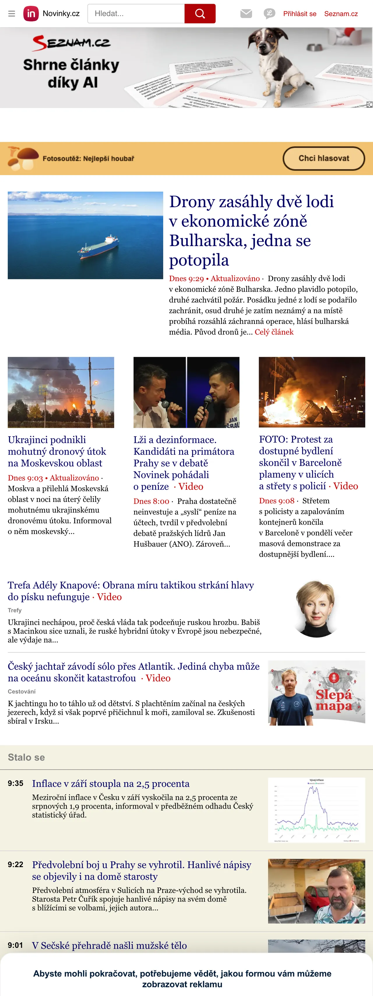 Screenshot of the Novinky.cz front page