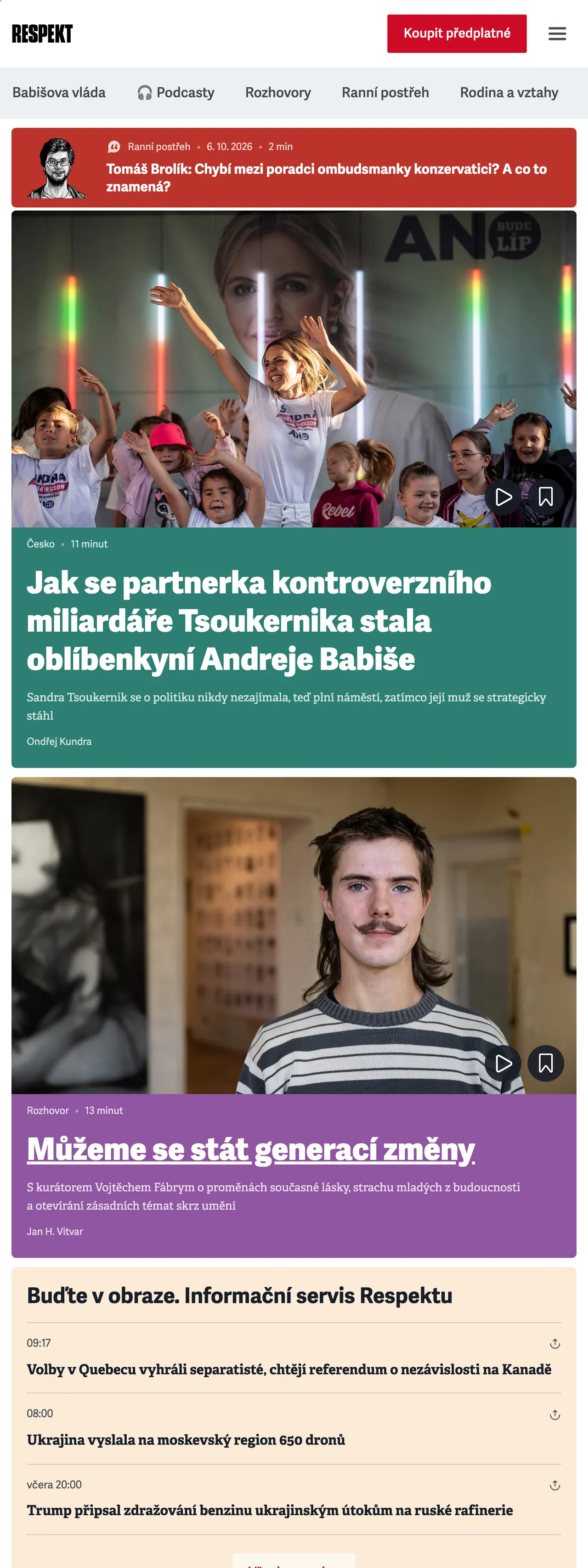 Screenshot of the Respekt front page