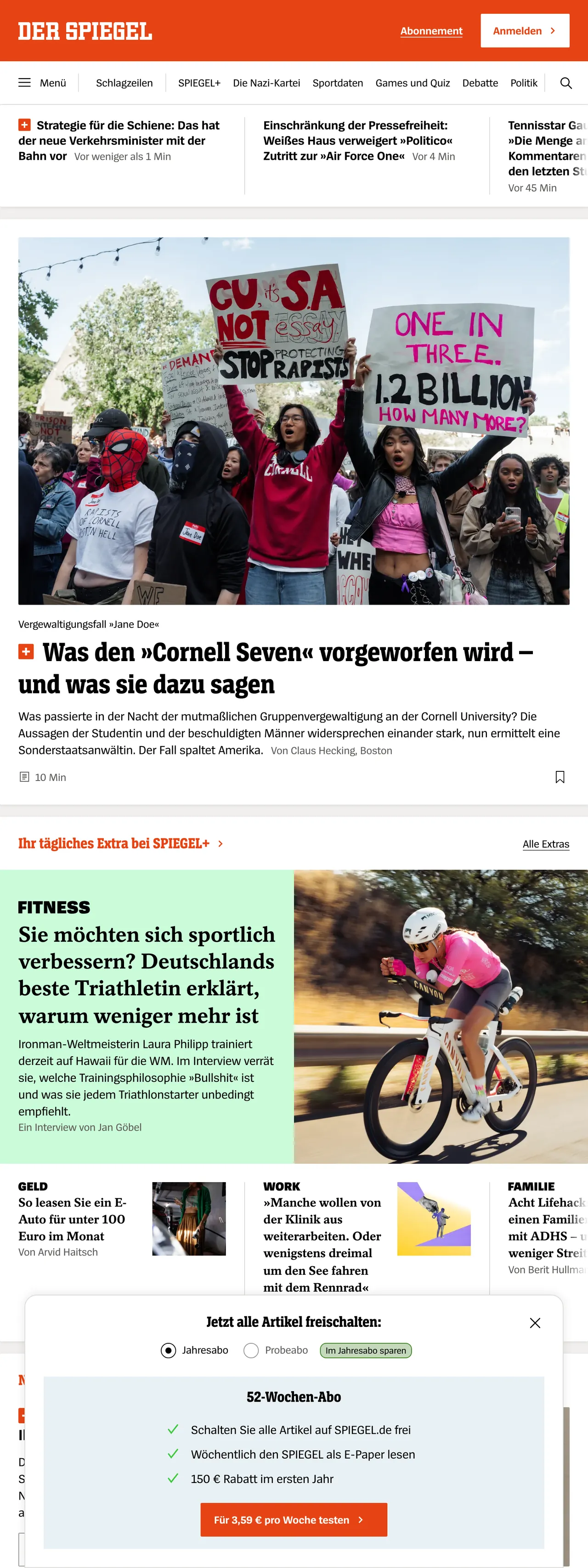 Screenshot of the DER SPIEGEL front page