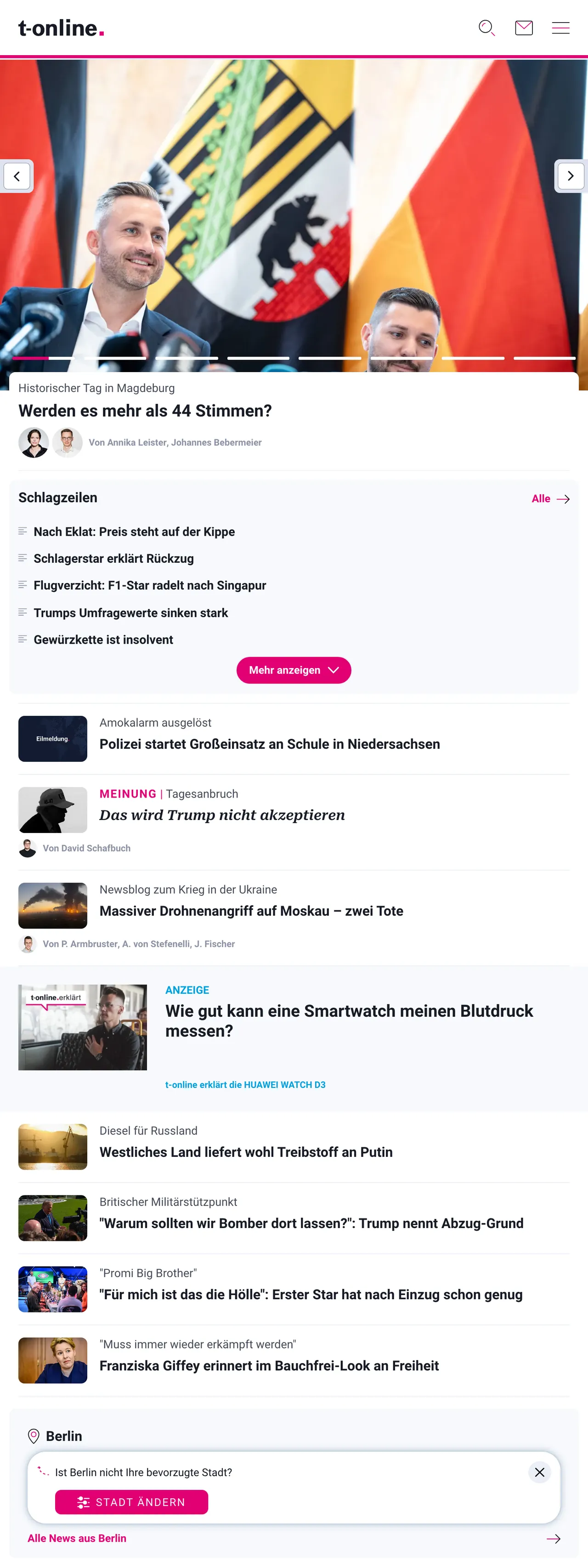 Screenshot of the t-online front page