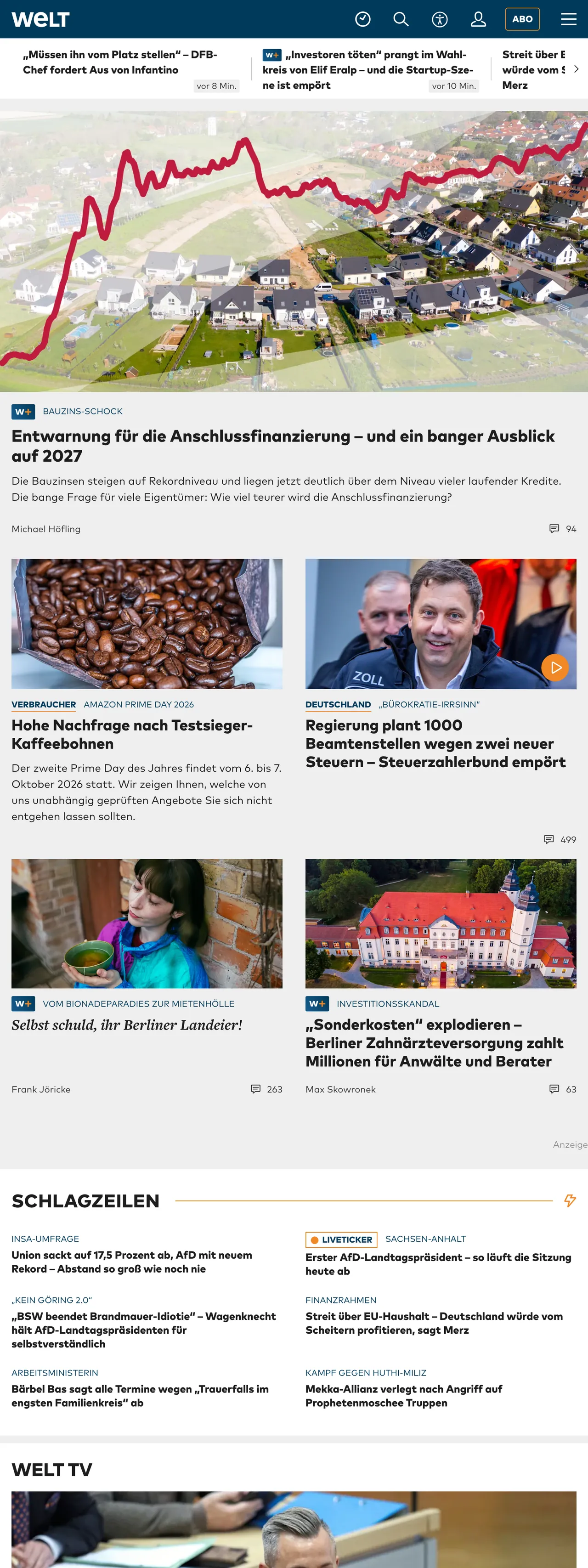 Screenshot of the WELT front page