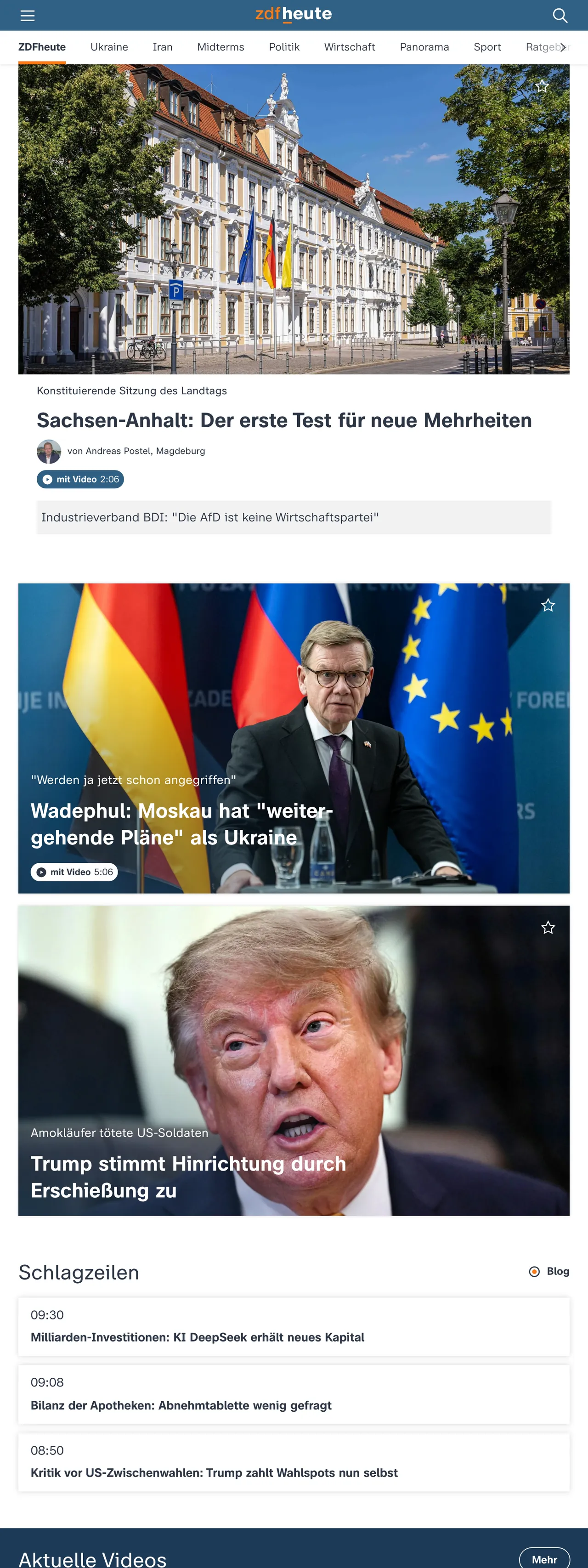 Screenshot of the ZDFheute front page