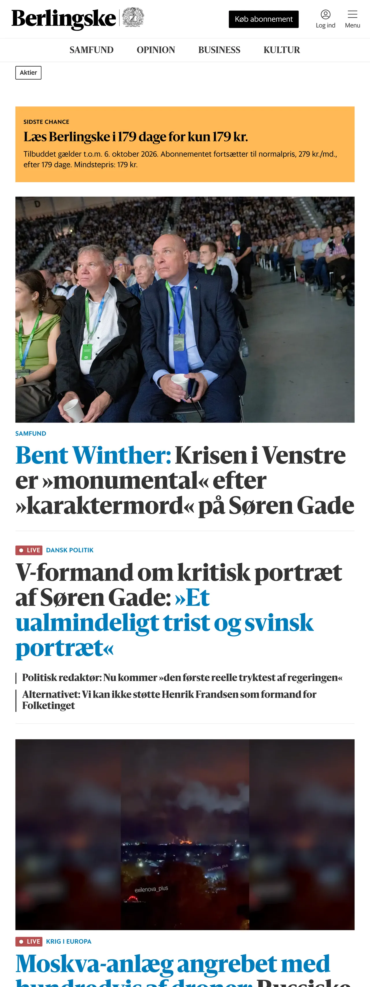 Screenshot of the Berlingske front page