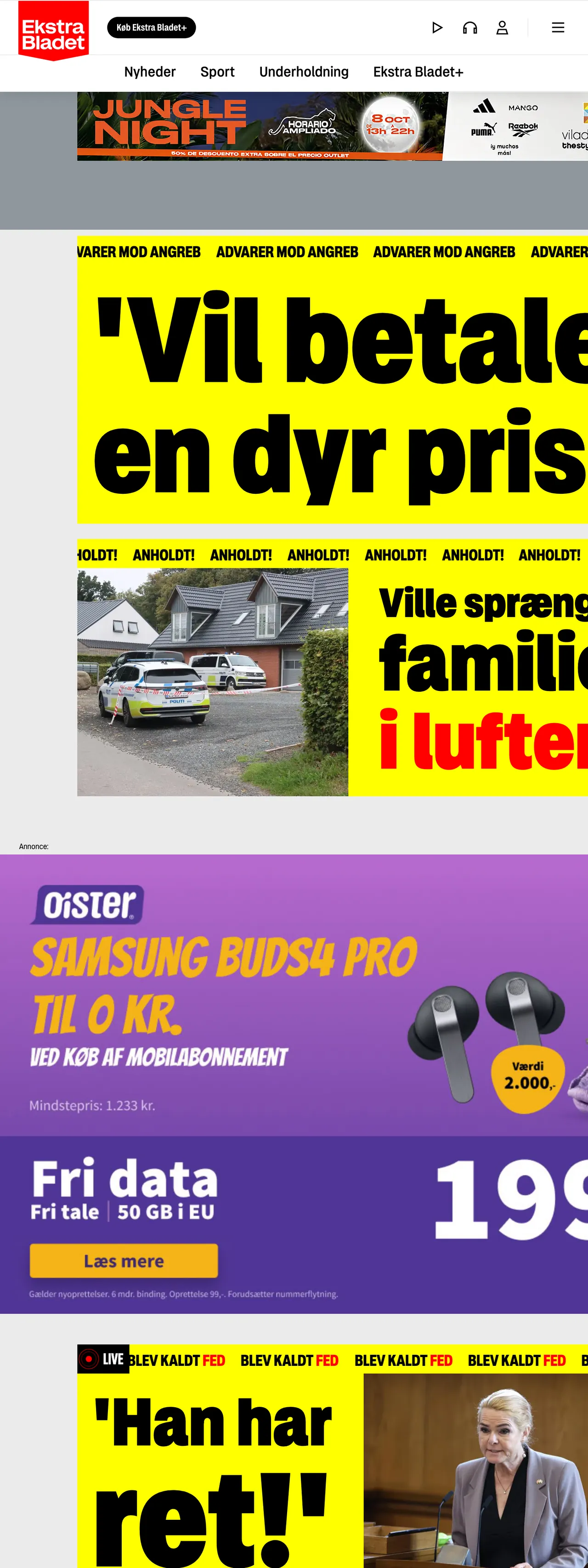 Screenshot of the Ekstra Bladet front page