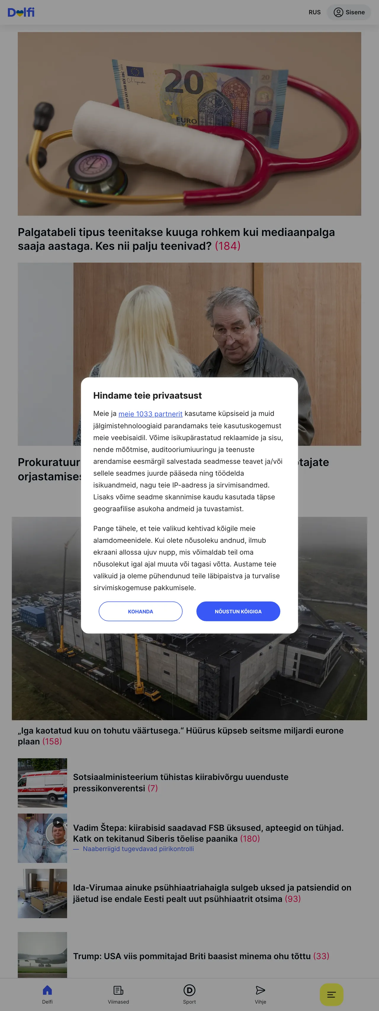 Screenshot of the Delfi front page