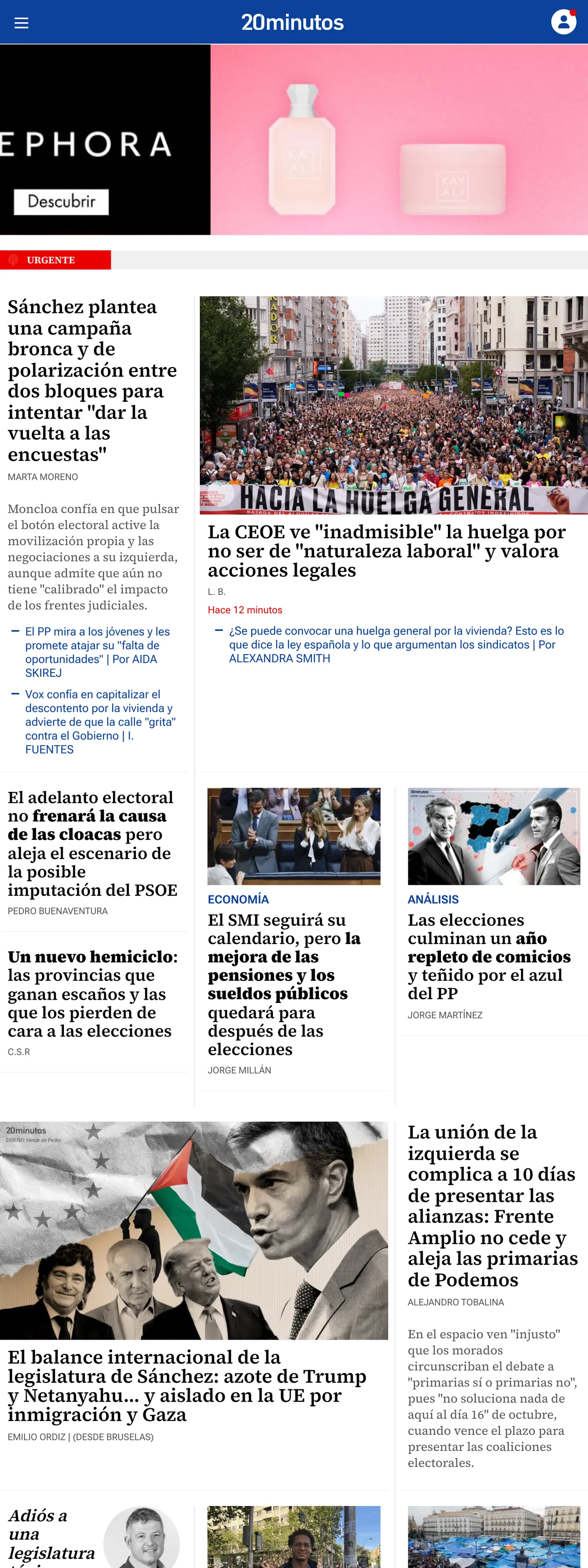 Screenshot of the 20minutos front page