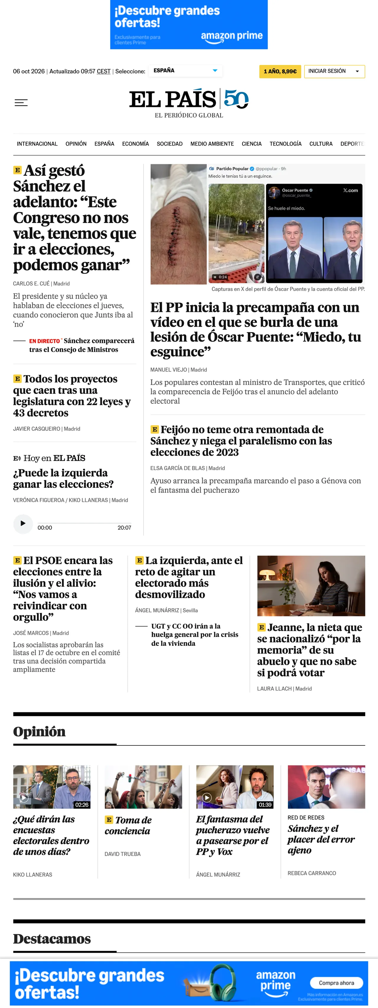 Screenshot of the EL PAÍS front page