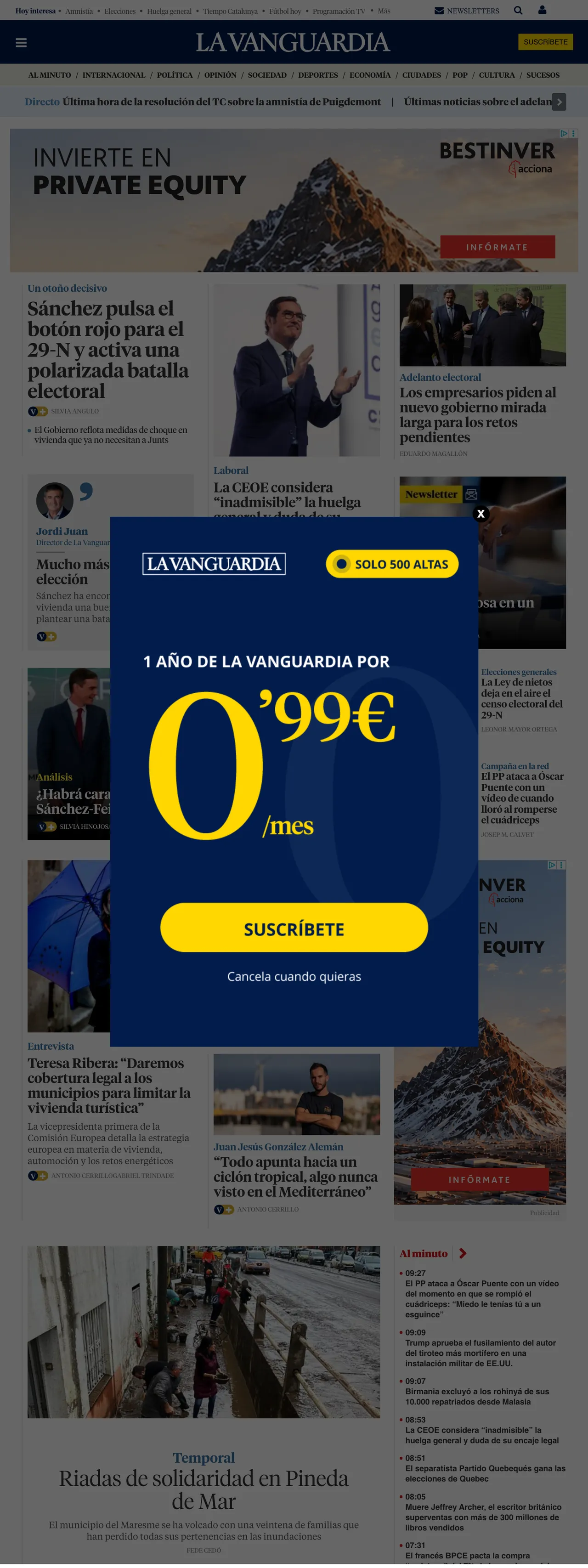 Screenshot of the La Vanguardia front page