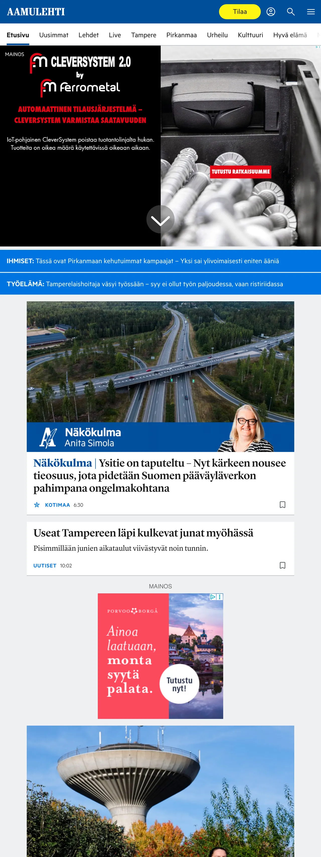 Screenshot of the Aamulehti front page
