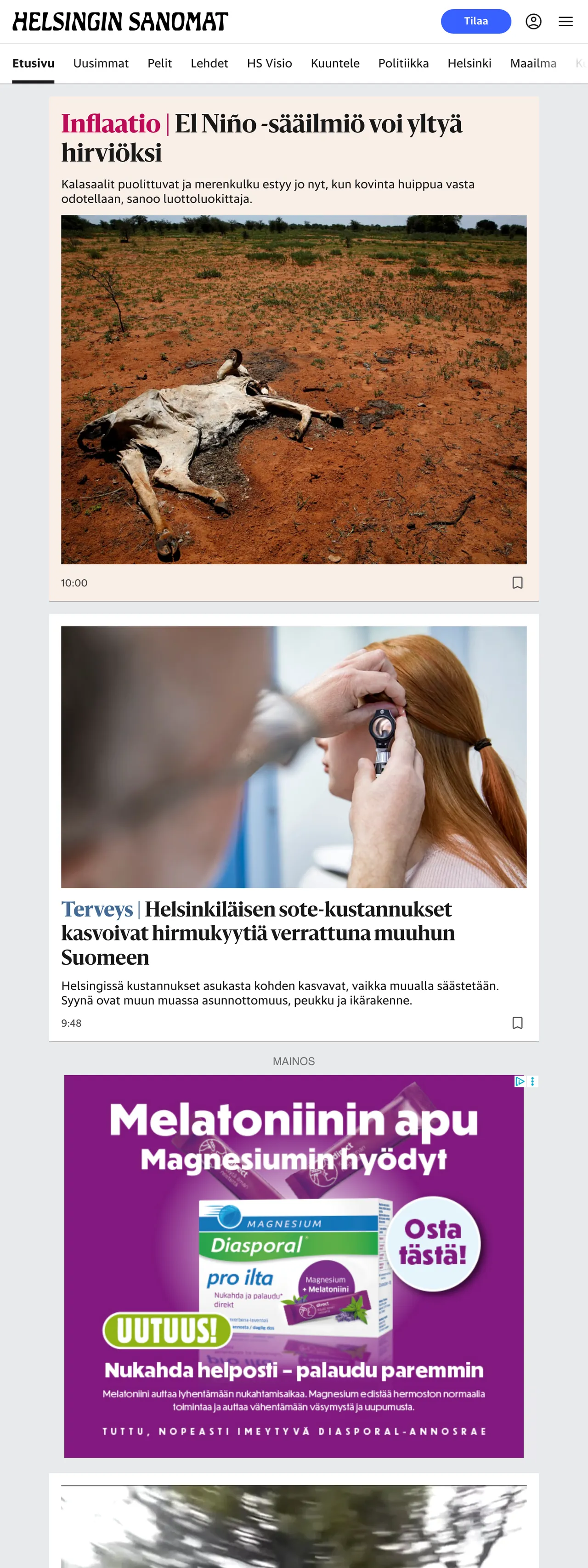 Screenshot of the Helsingin Sanomat front page